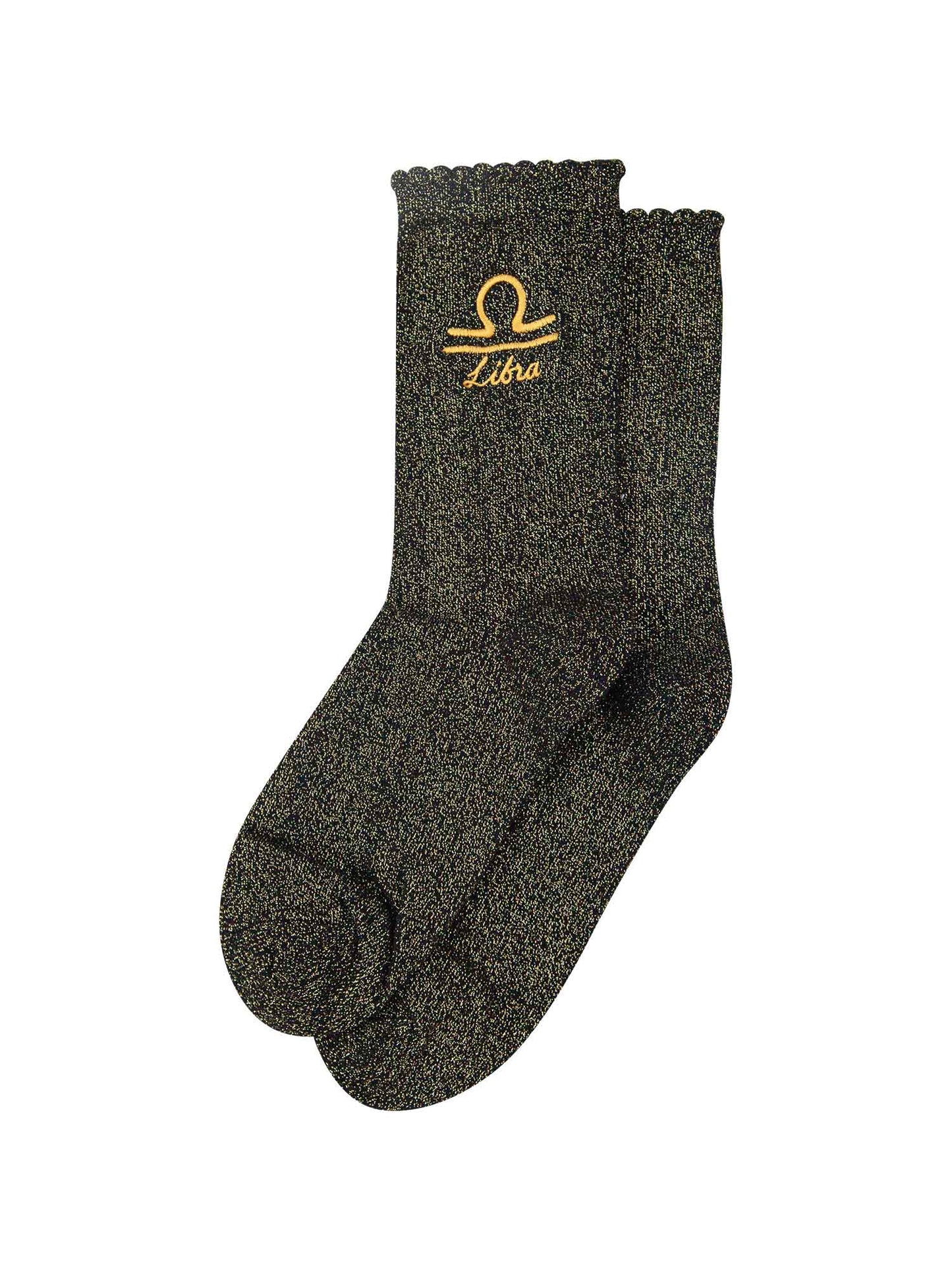 black and gold glitter embroidered libra socks laying flat, showing the all over gold glitter sparkle
