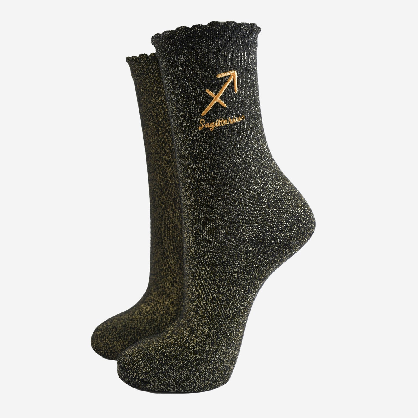 black and gold sparkly ankle socks with a scalloped cuff and an gold embroidered sagittarius zodiac symbol and name