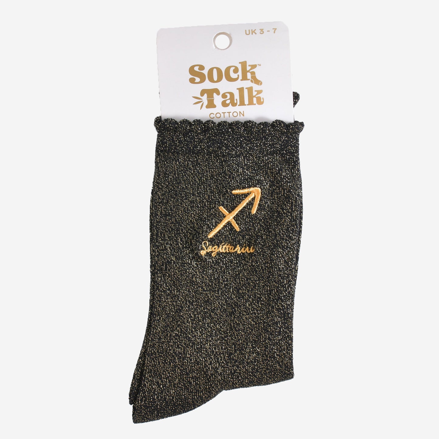 gold and black glitter sagittarius socks in their sock talk packaging, these socks are a uk size 3-7