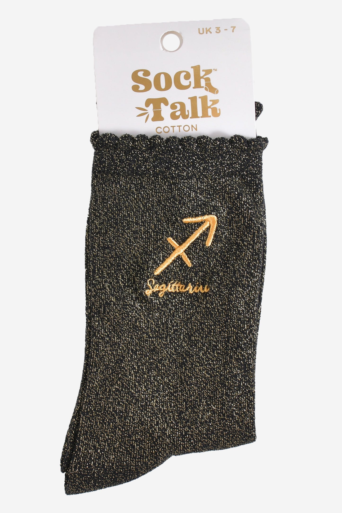 gold and black glitter sagittarius socks in their sock talk packaging, these socks are a uk size 3-7