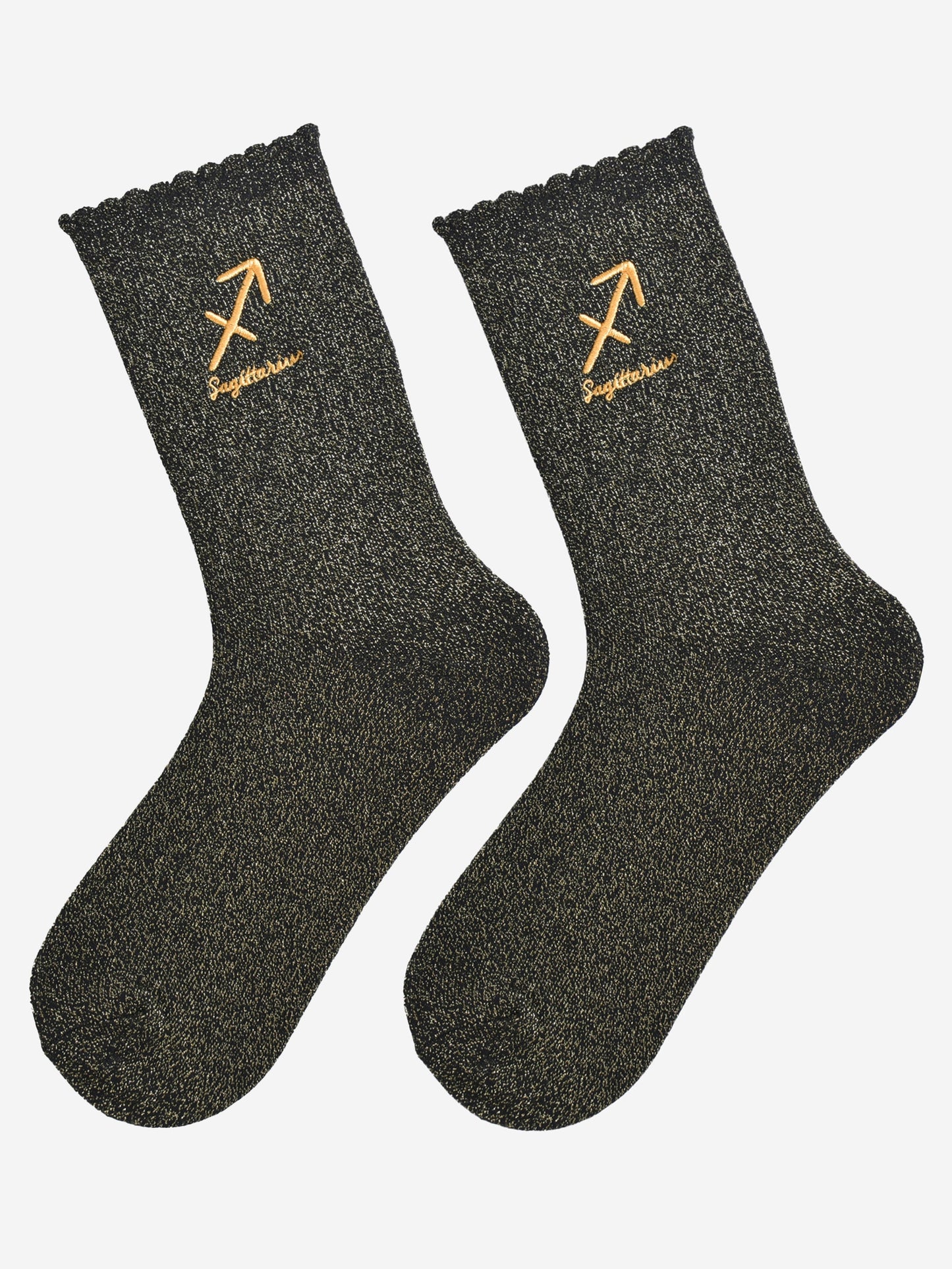 black and gold glitter embroidered sagittarius socks laying flat, showing the all over gold glitter sparkle