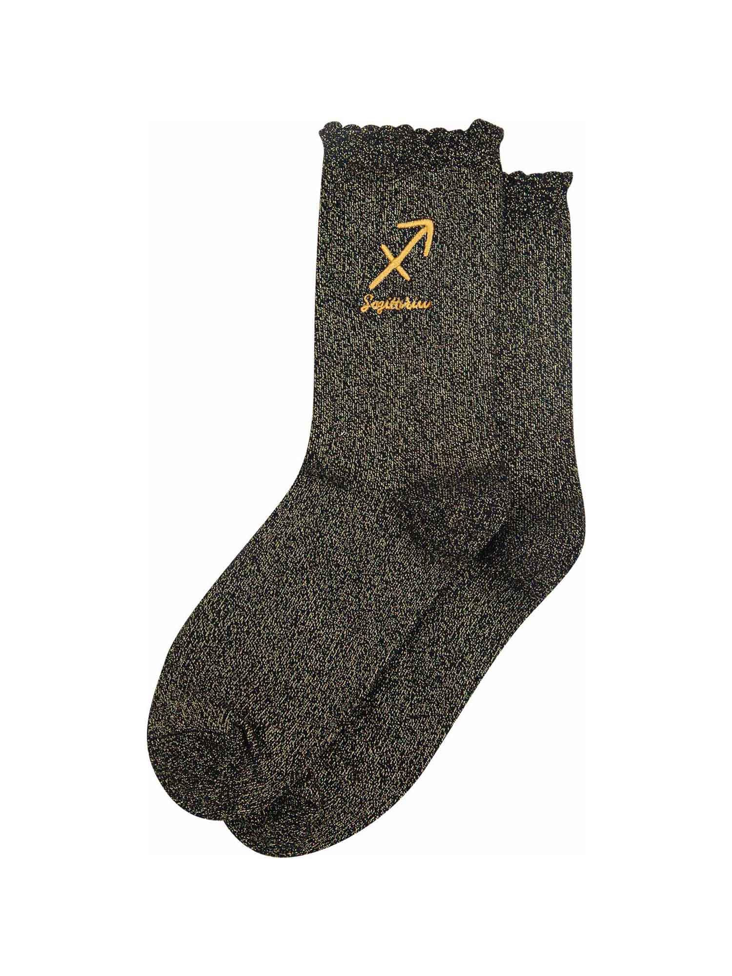 black and gold glitter embroidered sagittarius socks laying flat, showing the all over gold glitter sparkle