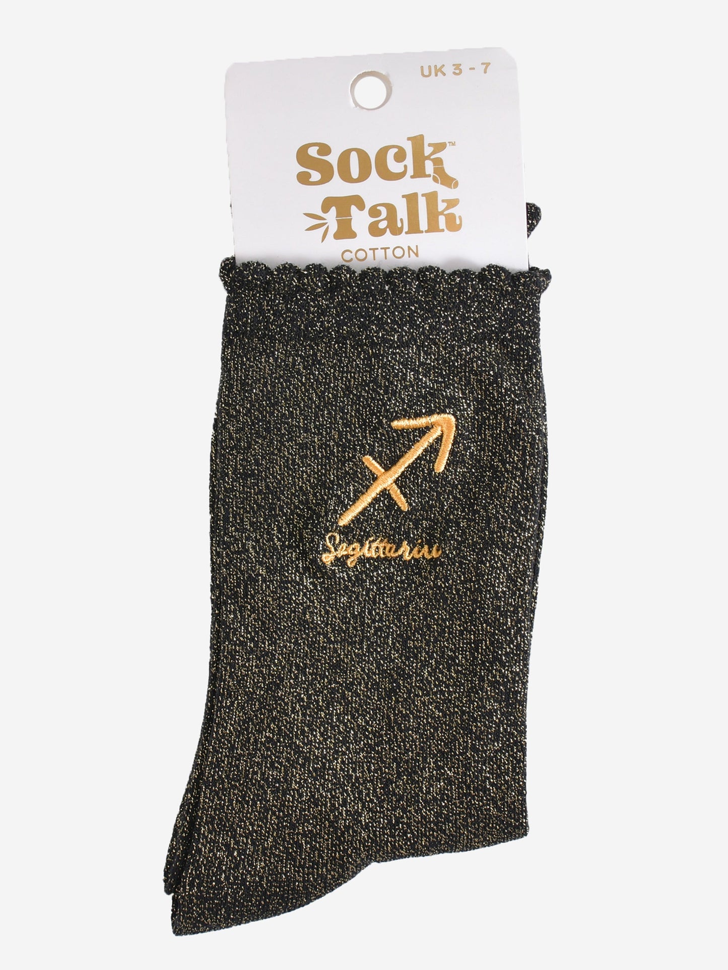 gold and black glitter sagittarius socks in their sock talk packaging, these socks are a uk size 3-7