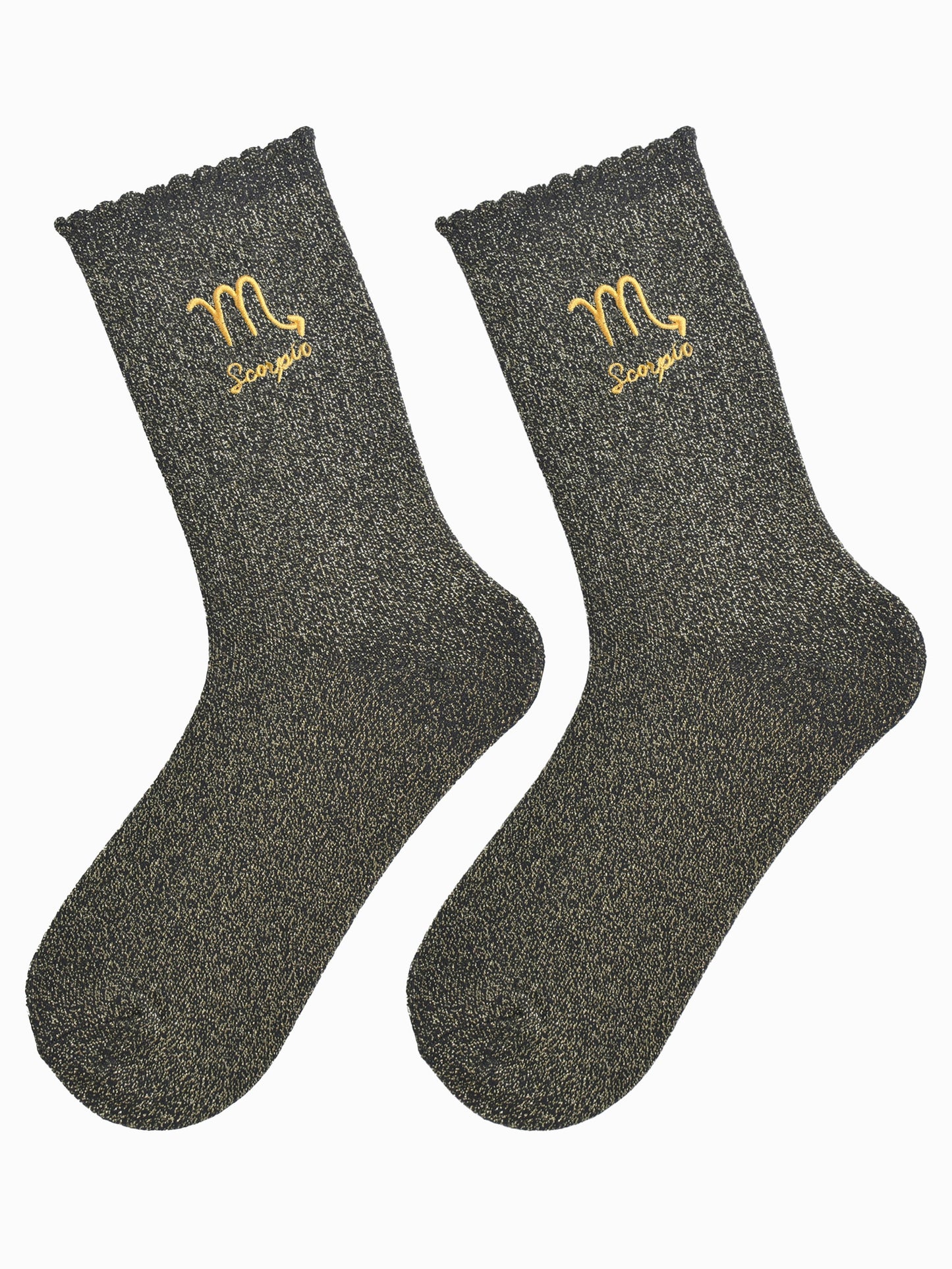 black and gold glitter embroidered scorpio socks laying flat, showing the all over gold glitter sparkle