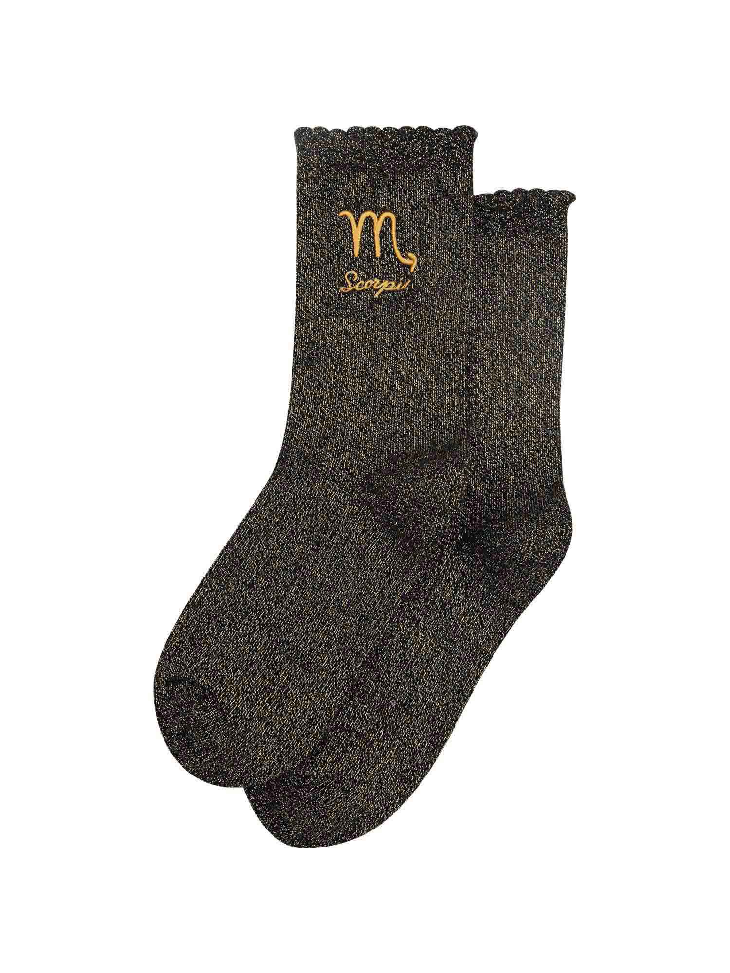 black and gold glitter embroidered scorpio socks laying flat, showing the all over gold glitter sparkle