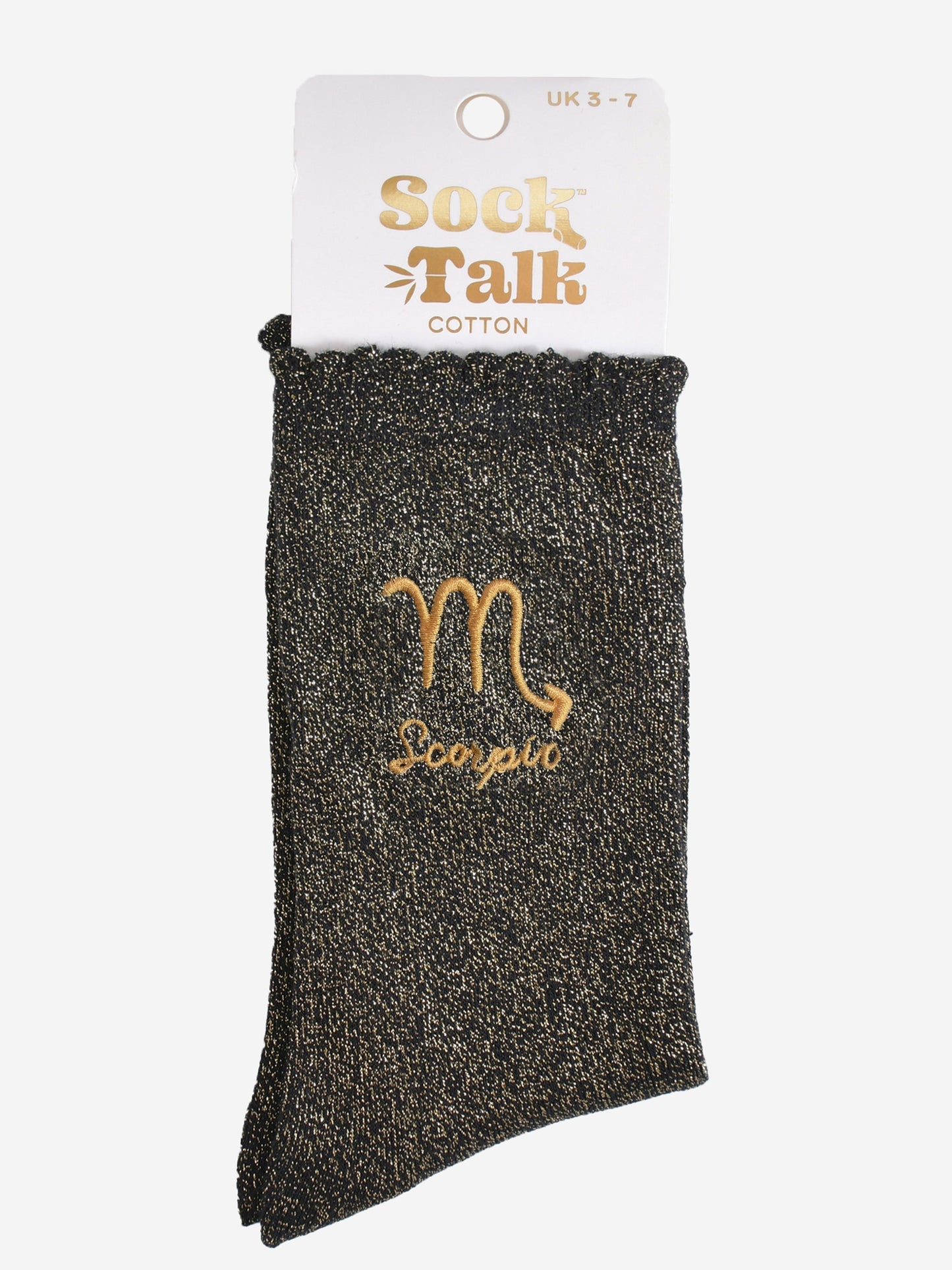 gold and black glitter scorpio socks in their sock talk packaging, these socks are a uk size 3-7