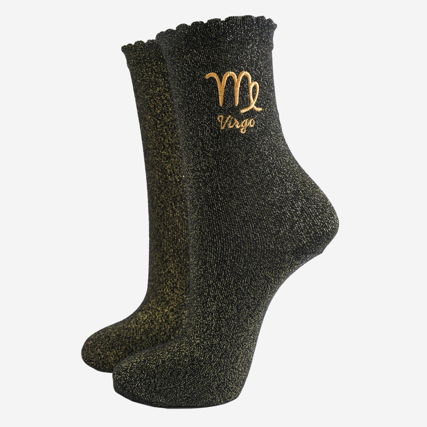 black and gold sparkly ankle socks with a scalloped cuff and an gold embroidered virgo zodiac symbol and name