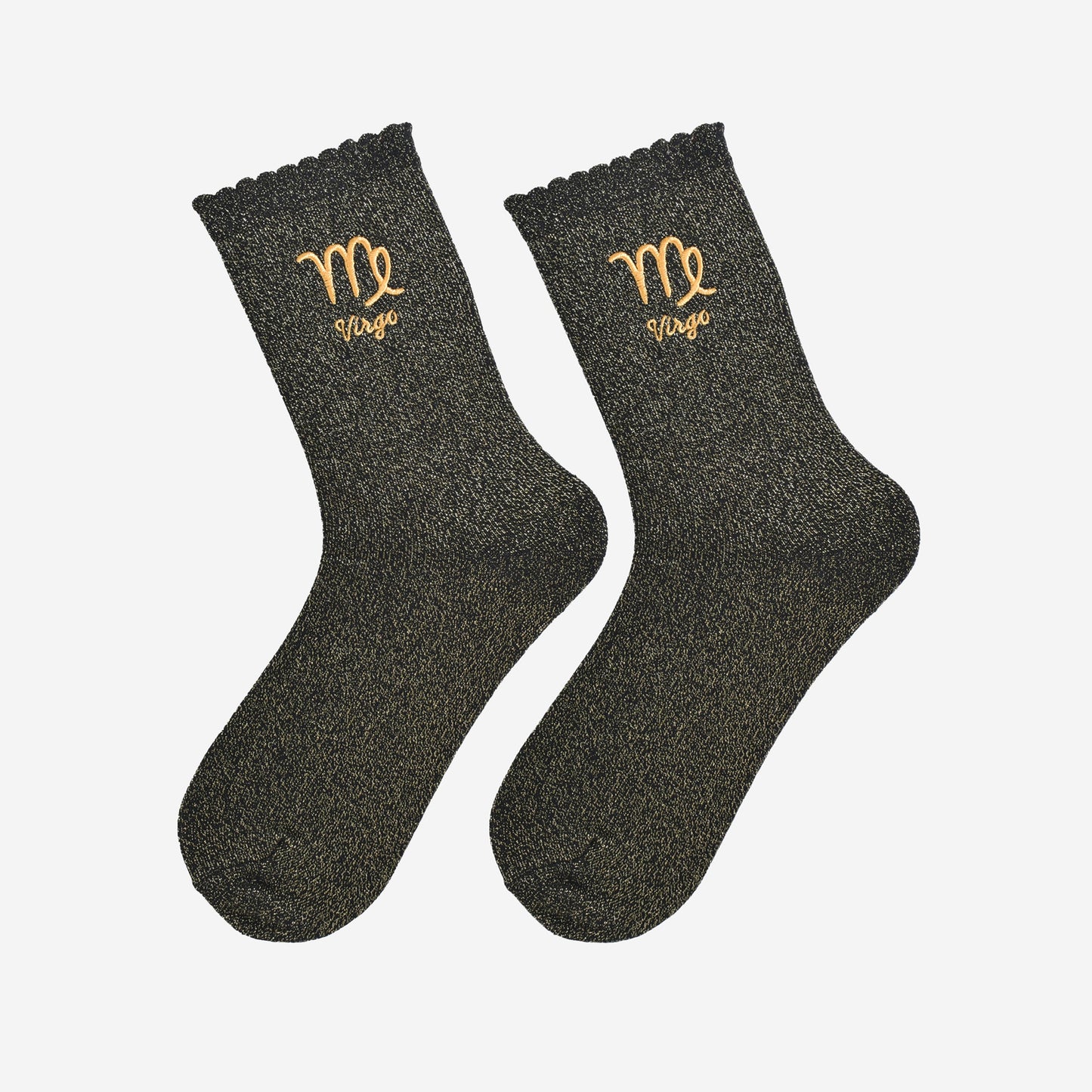 black and gold glitter embroidered virgo socks laying flat, showing the all over gold glitter sparkle