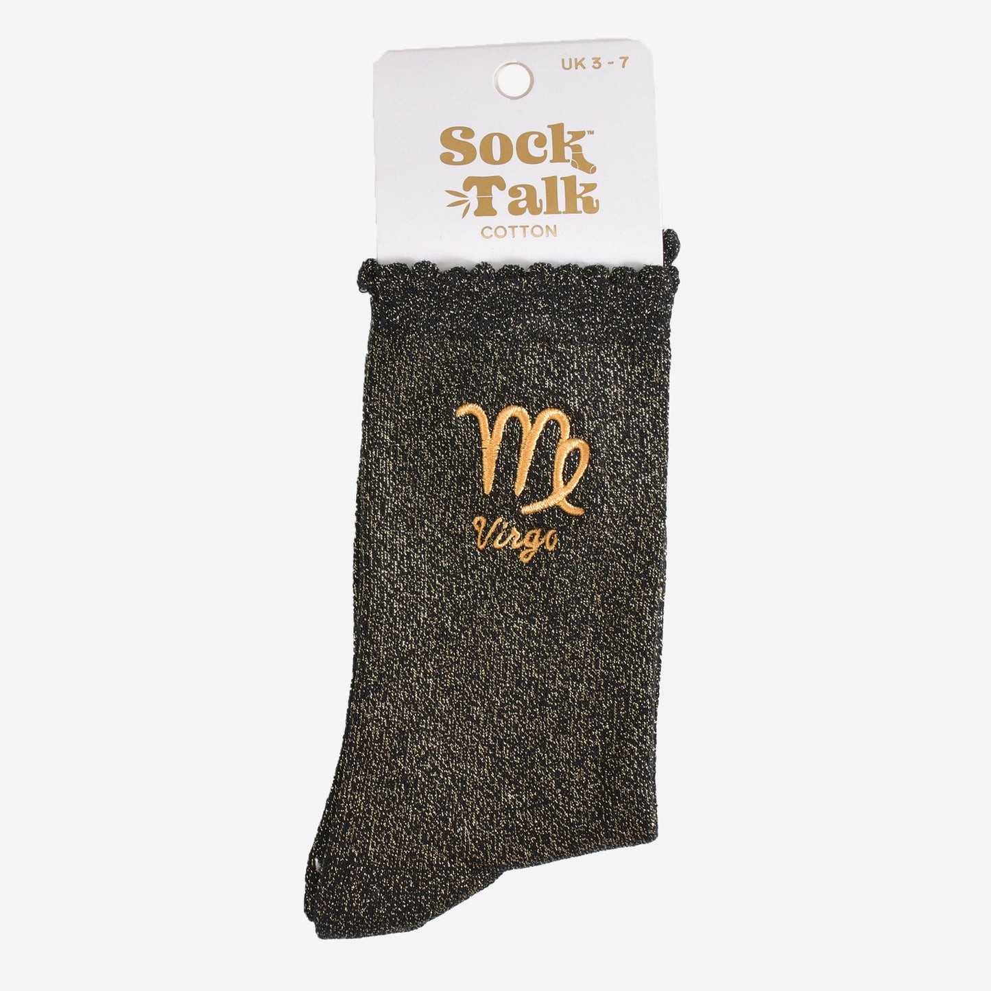 gold and black glitter virgo socks in their sock talk packaging, these socks are a uk size 3-7