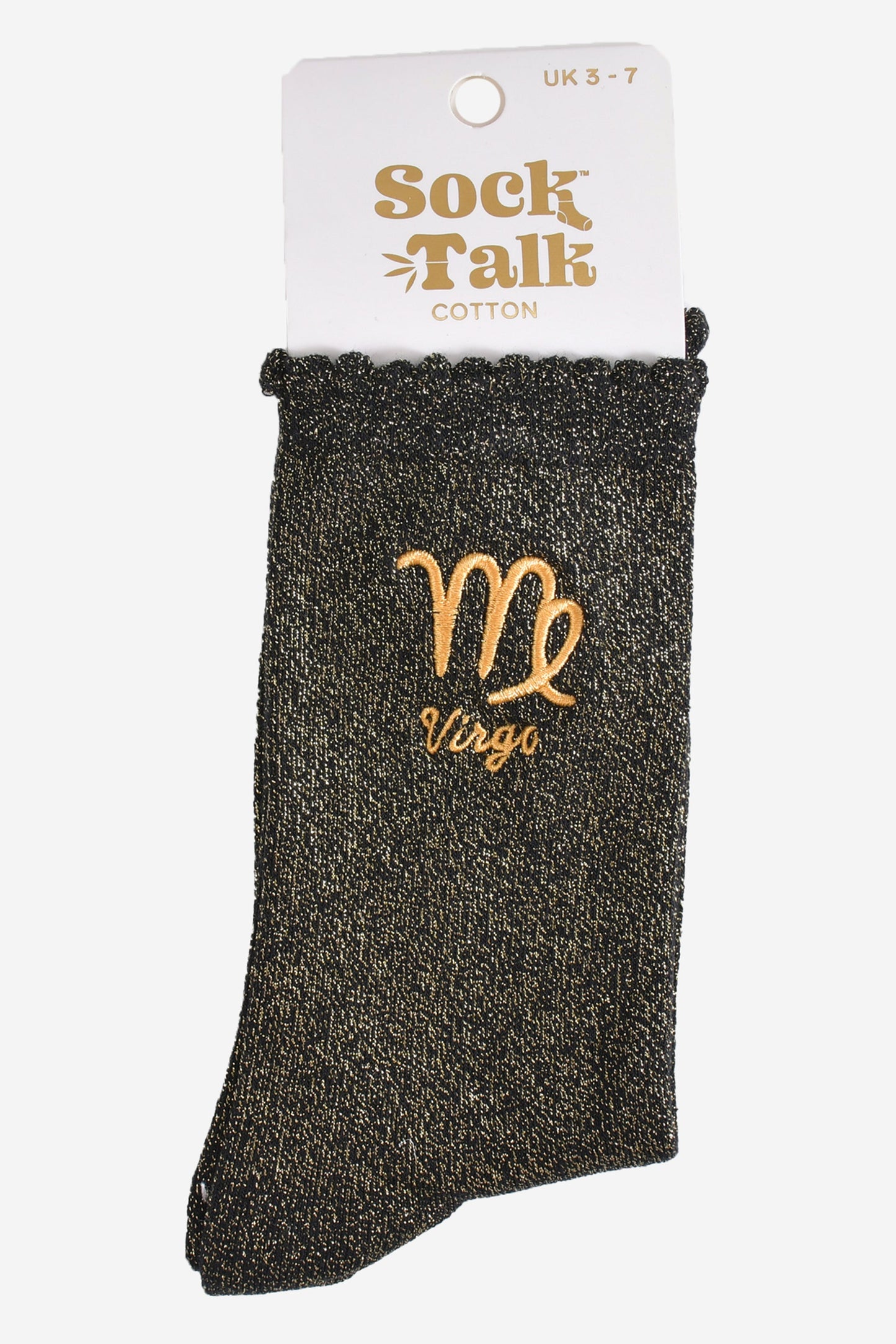 gold and black glitter virgo socks in their sock talk packaging, these socks are a uk size 3-7