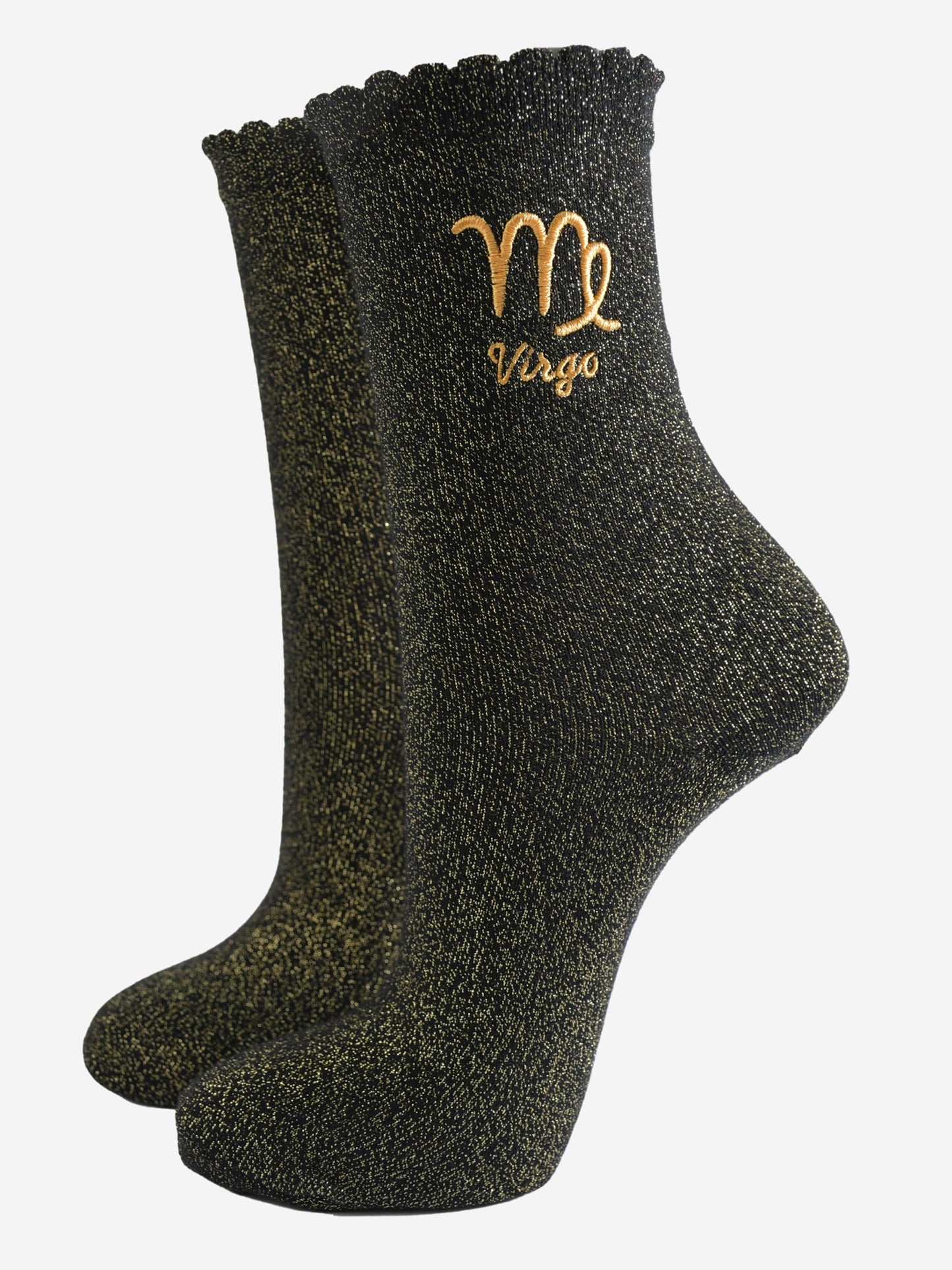 black and gold sparkly ankle socks with a scalloped cuff and an gold embroidered virgo zodiac symbol and name