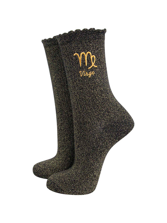 black and gold sparkly ankle socks with a scalloped cuff and an gold embroidered virgo zodiac symbol and name