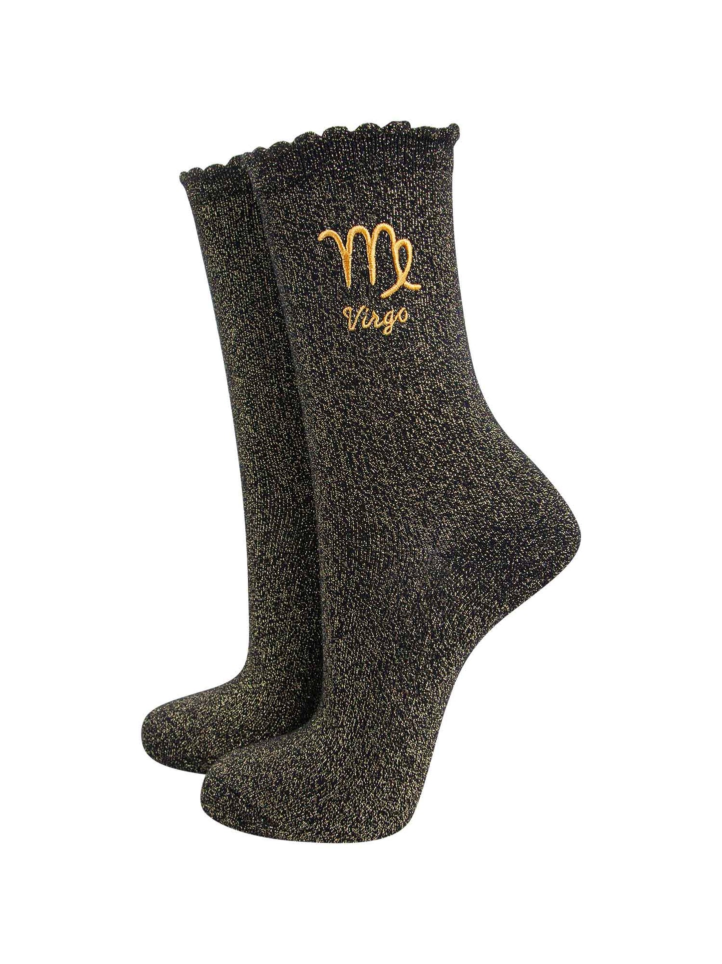 black and gold sparkly ankle socks with a scalloped cuff and an gold embroidered virgo zodiac symbol and name