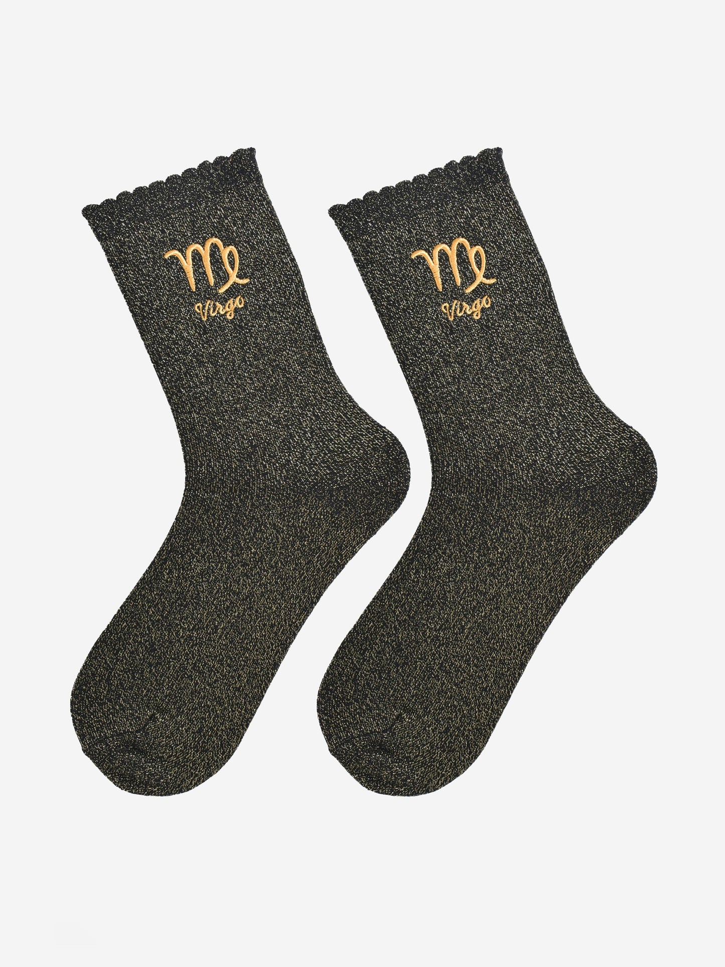 black and gold glitter embroidered virgo socks laying flat, showing the all over gold glitter sparkle