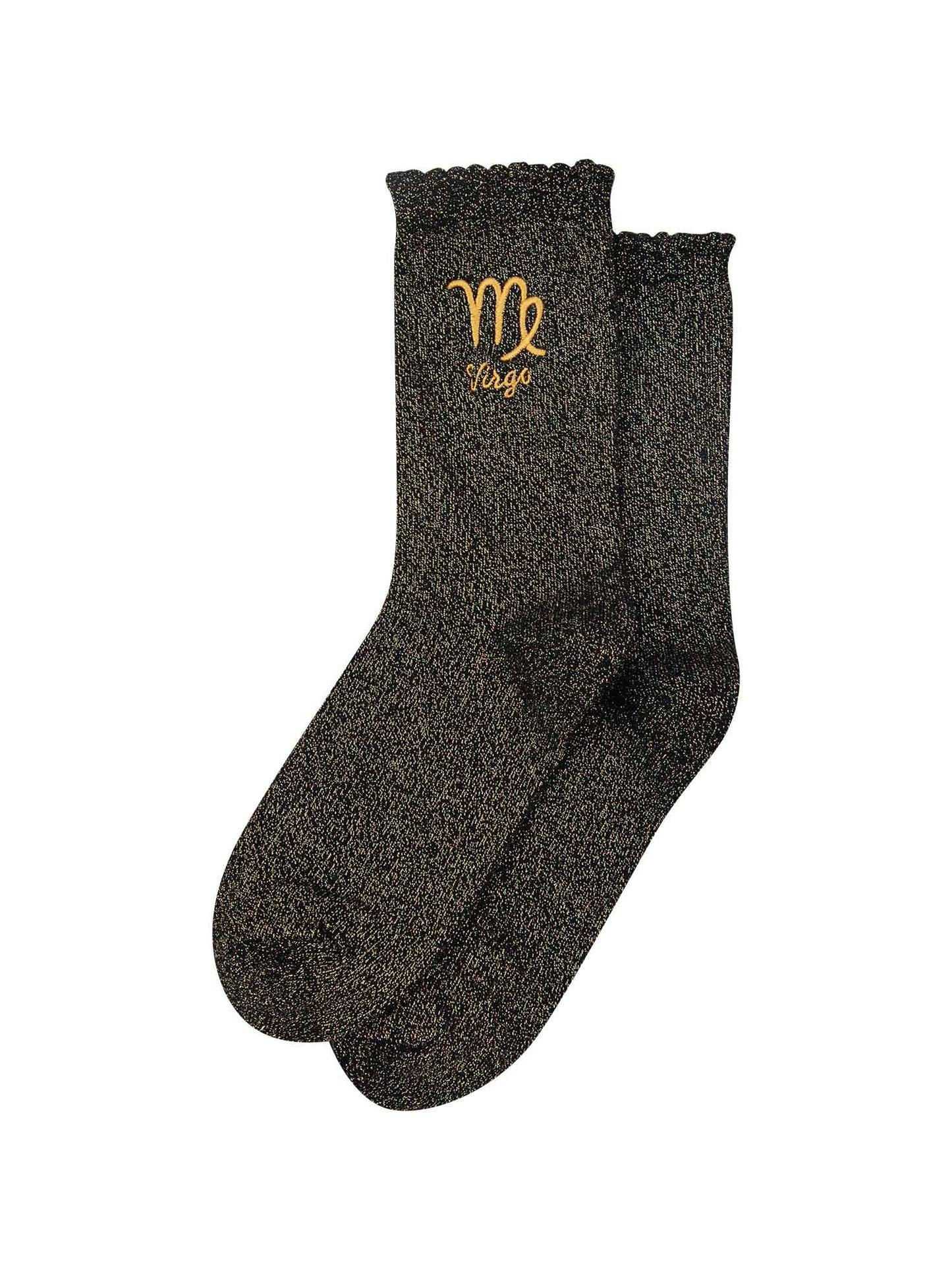 black and gold glitter embroidered virgo socks laying flat, showing the all over gold glitter sparkle