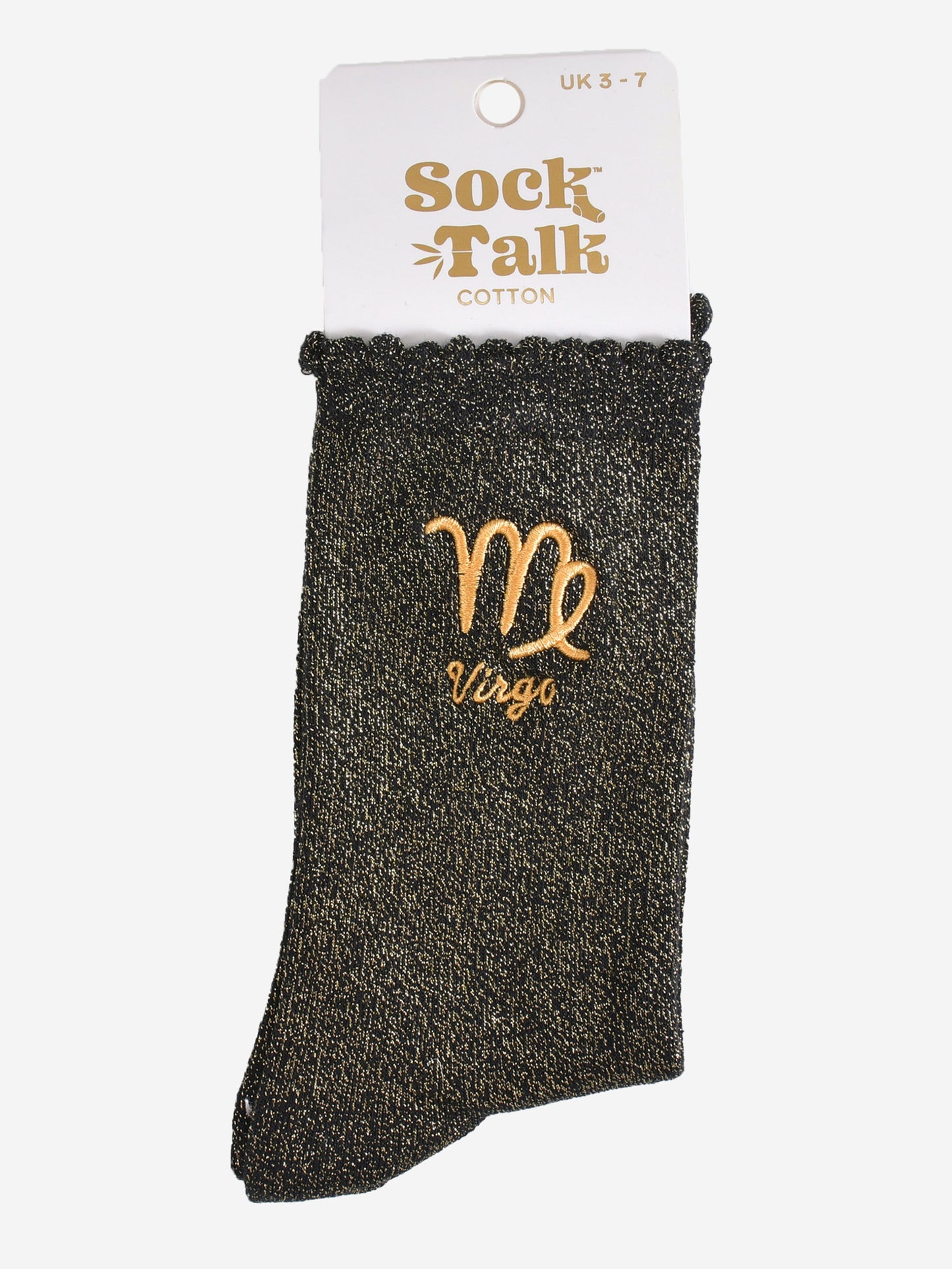 gold and black glitter virgo socks in their sock talk packaging, these socks are a uk size 3-7