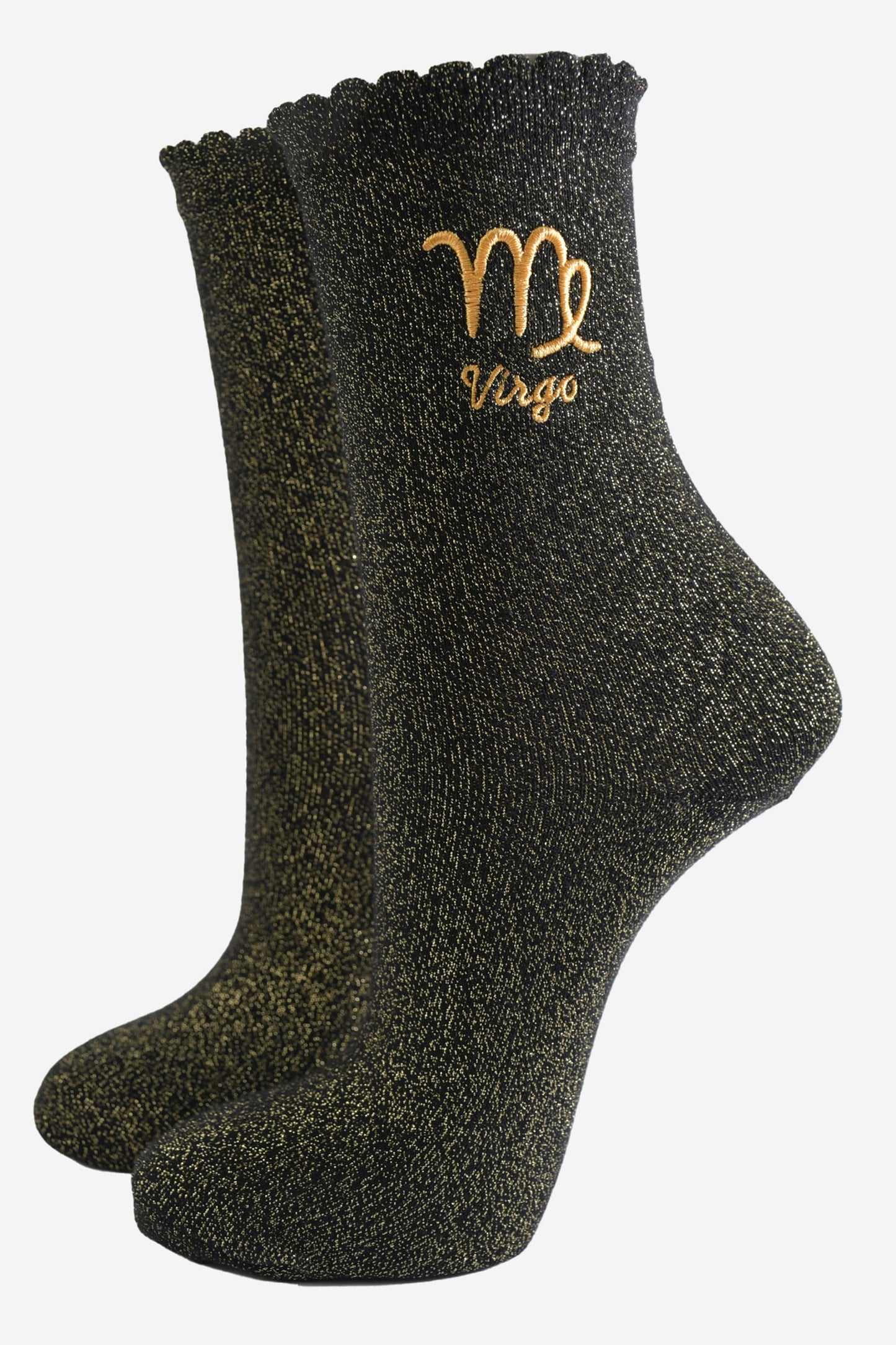 black and gold sparkly ankle socks with a scalloped cuff and an gold embroidered virgo zodiac symbol and name