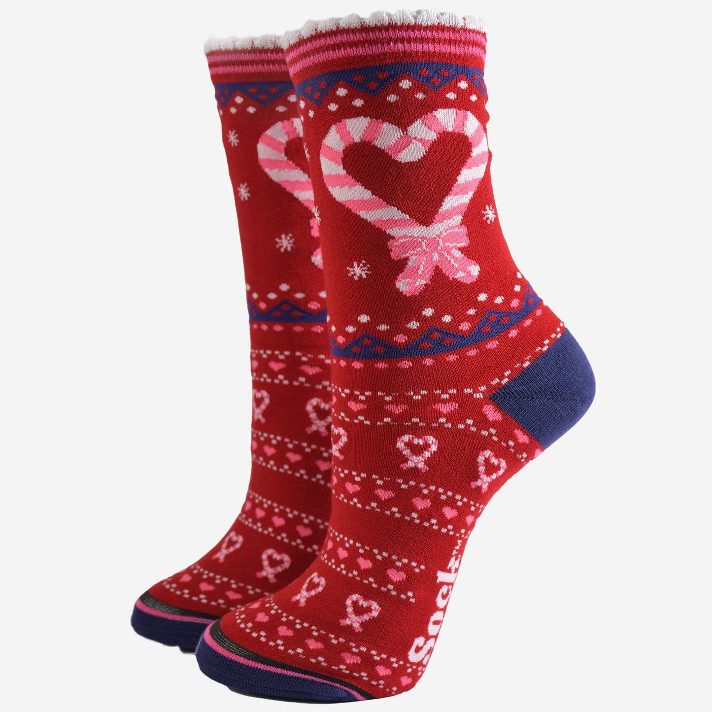 red bamboo socks with a pattern of pink love hearts made from adjoining candy canes