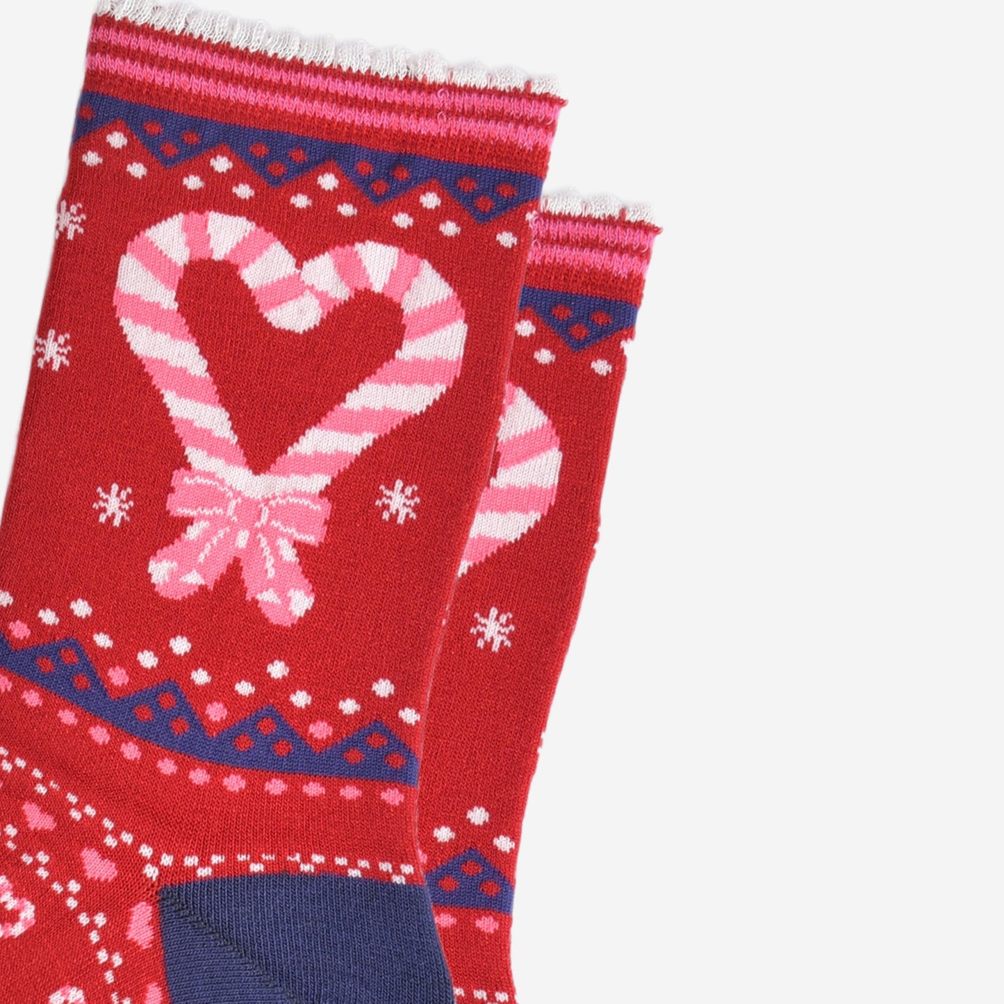 close up of the candy cane heart design on the ankle of the socks, there are two candy canes crossed at the bottom, making a love heart shape, they are pink and white striped on a red background