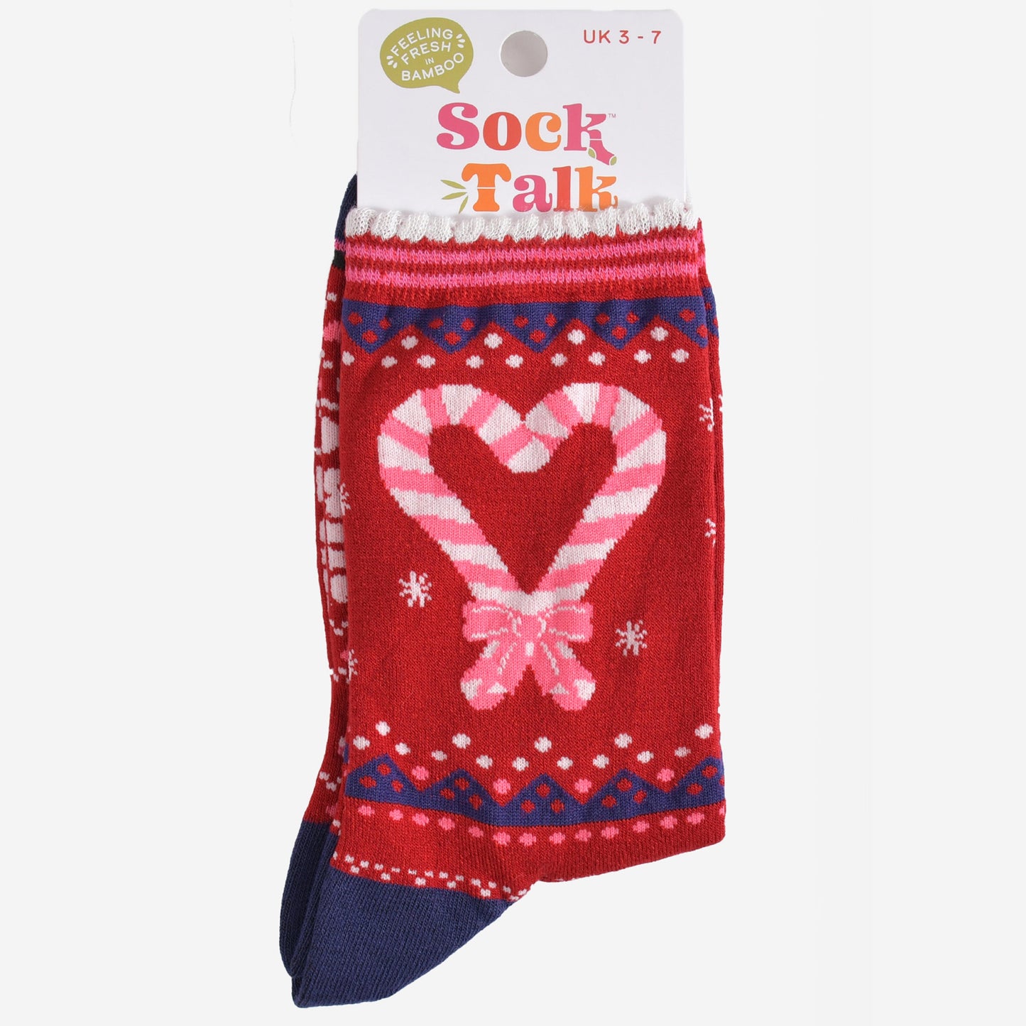 candy cane heart bamboo socks in their sock talk packaging, these socks are a uk size 3-7