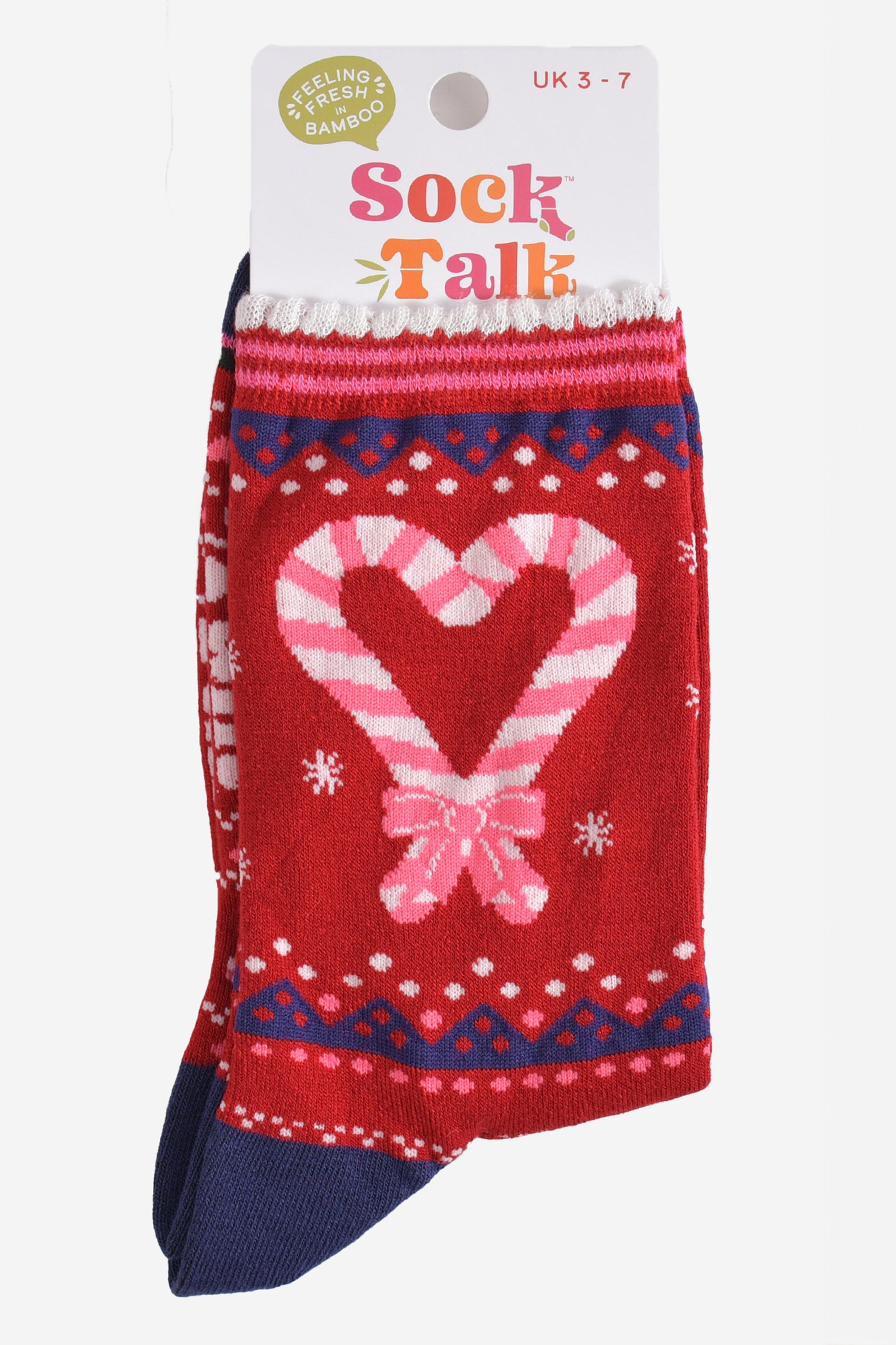 candy cane heart bamboo socks in their sock talk packaging, these socks are a uk size 3-7