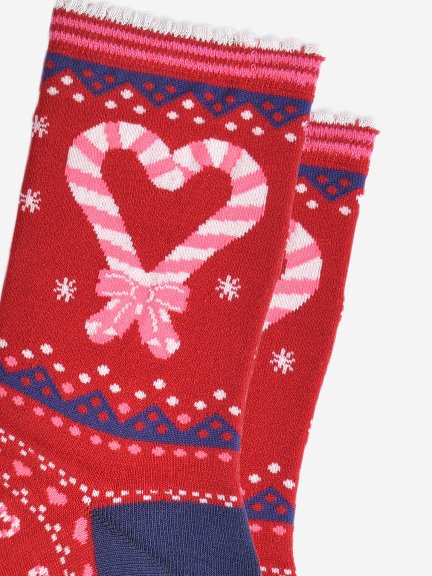 close up of the candy cane heart design on the ankle of the socks, there are two candy canes crossed at the bottom, making a love heart shape, they are pink and white striped on a red background