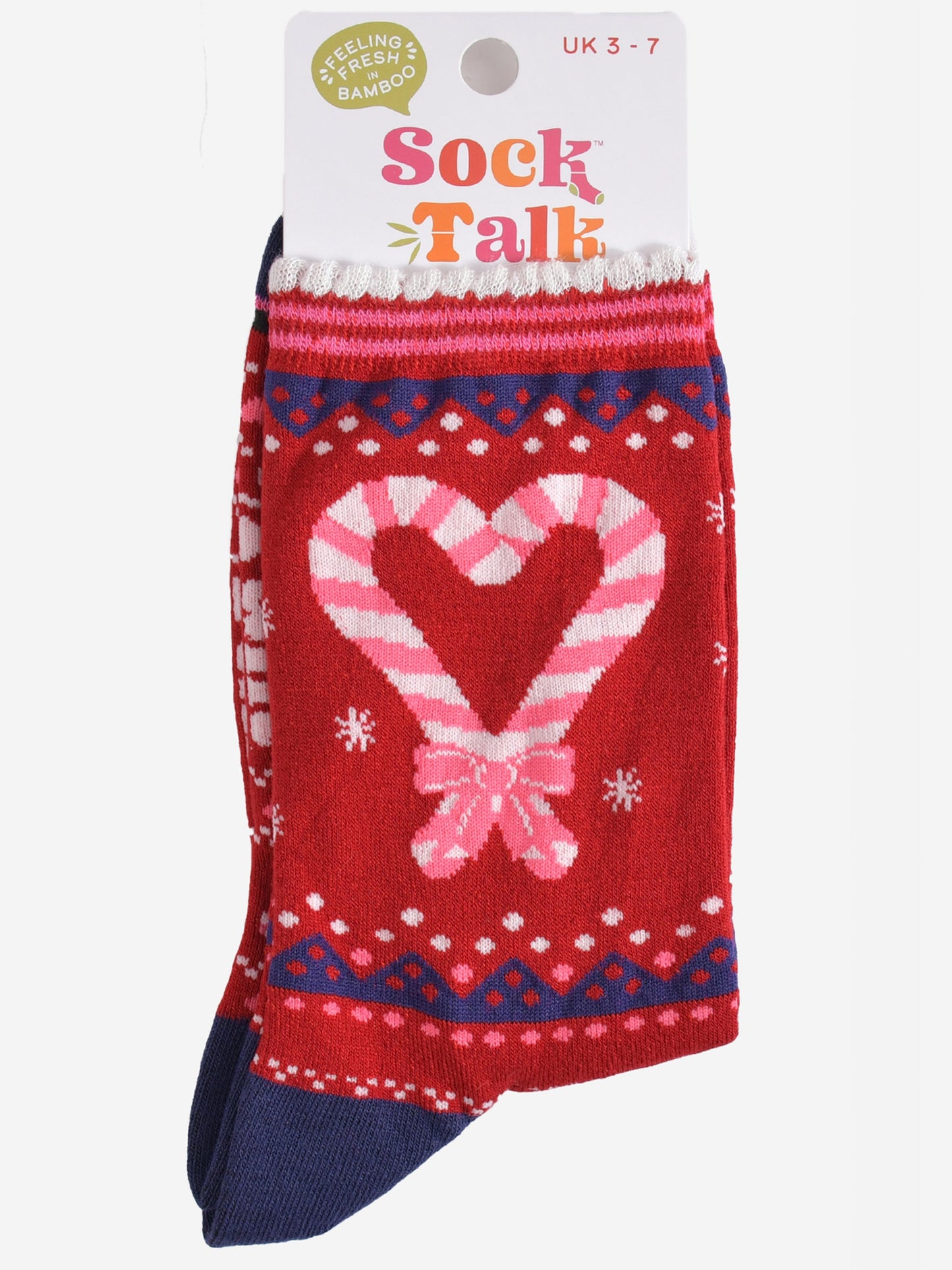 candy cane heart bamboo socks in their sock talk packaging, these socks are a uk size 3-7