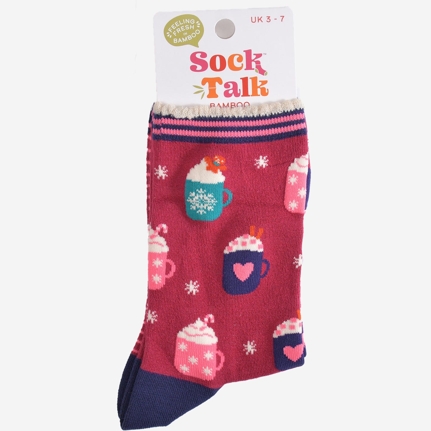 festive hot drinks bamboo socks in their sock talk packaging, these socks are a uk size 3-7