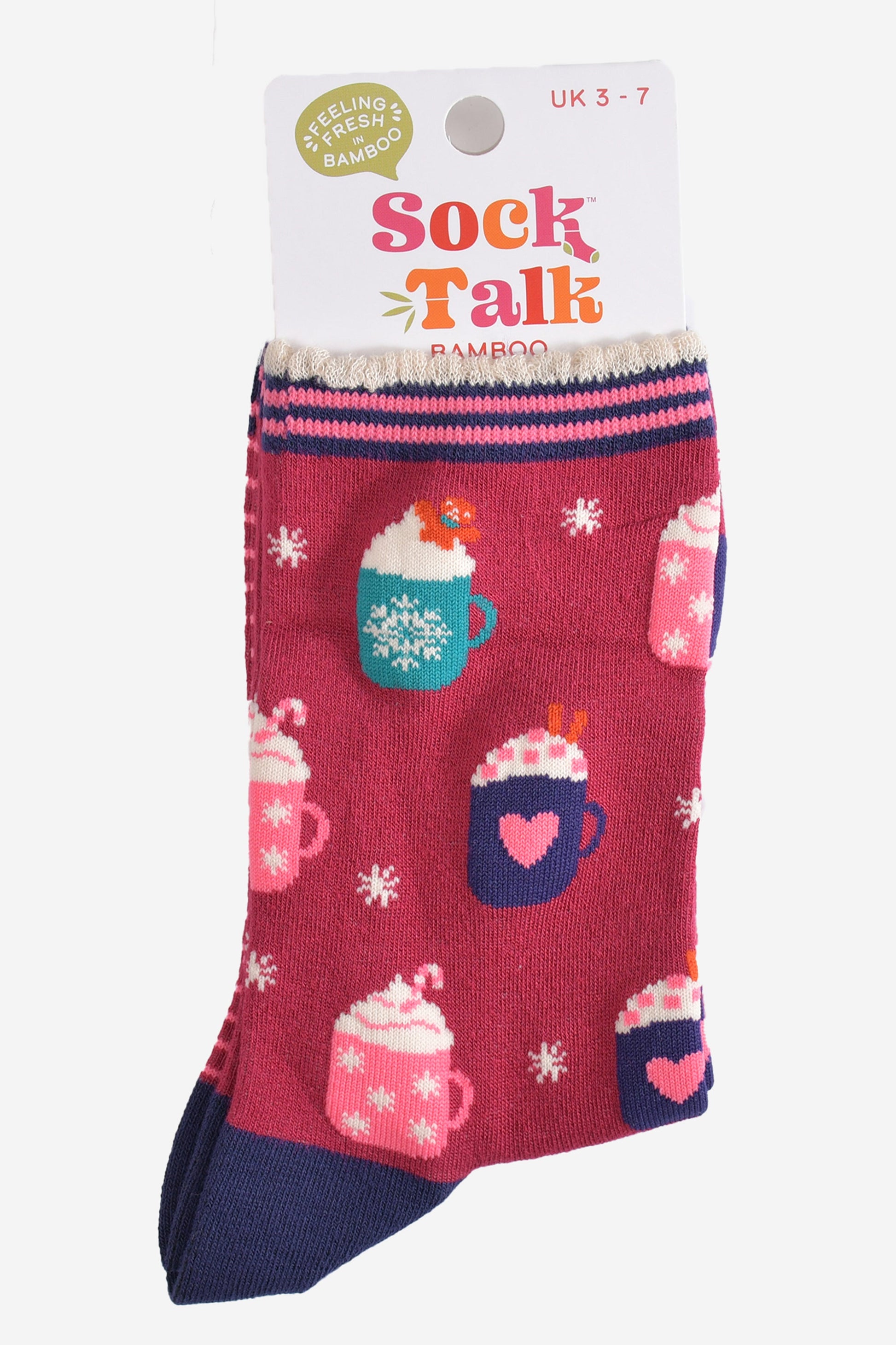 festive hot drinks bamboo socks in their sock talk packaging, these socks are a uk size 3-7