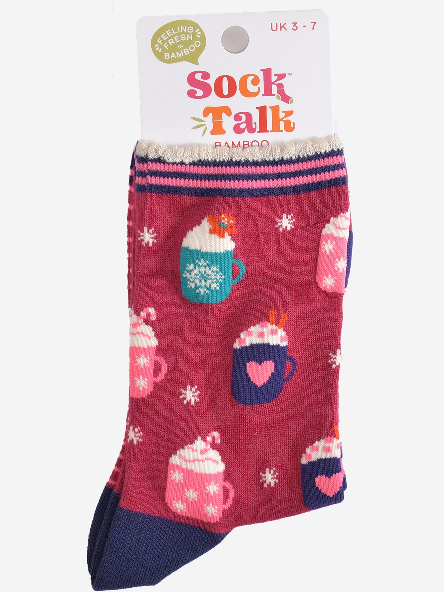 festive hot drinks bamboo socks in their sock talk packaging, these socks are a uk size 3-7