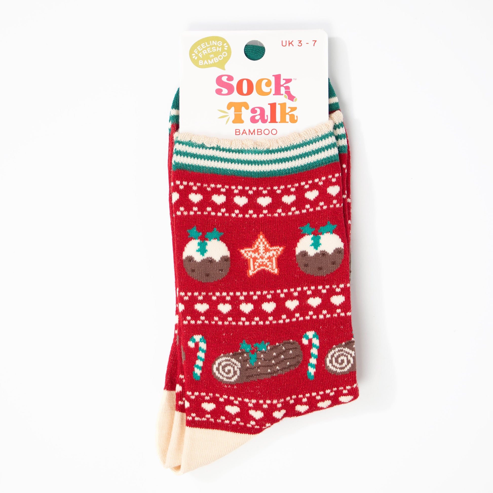 christmas pudding fair isle bamboo socks in their sock talk packaging, these socks are a uk size 3-7
