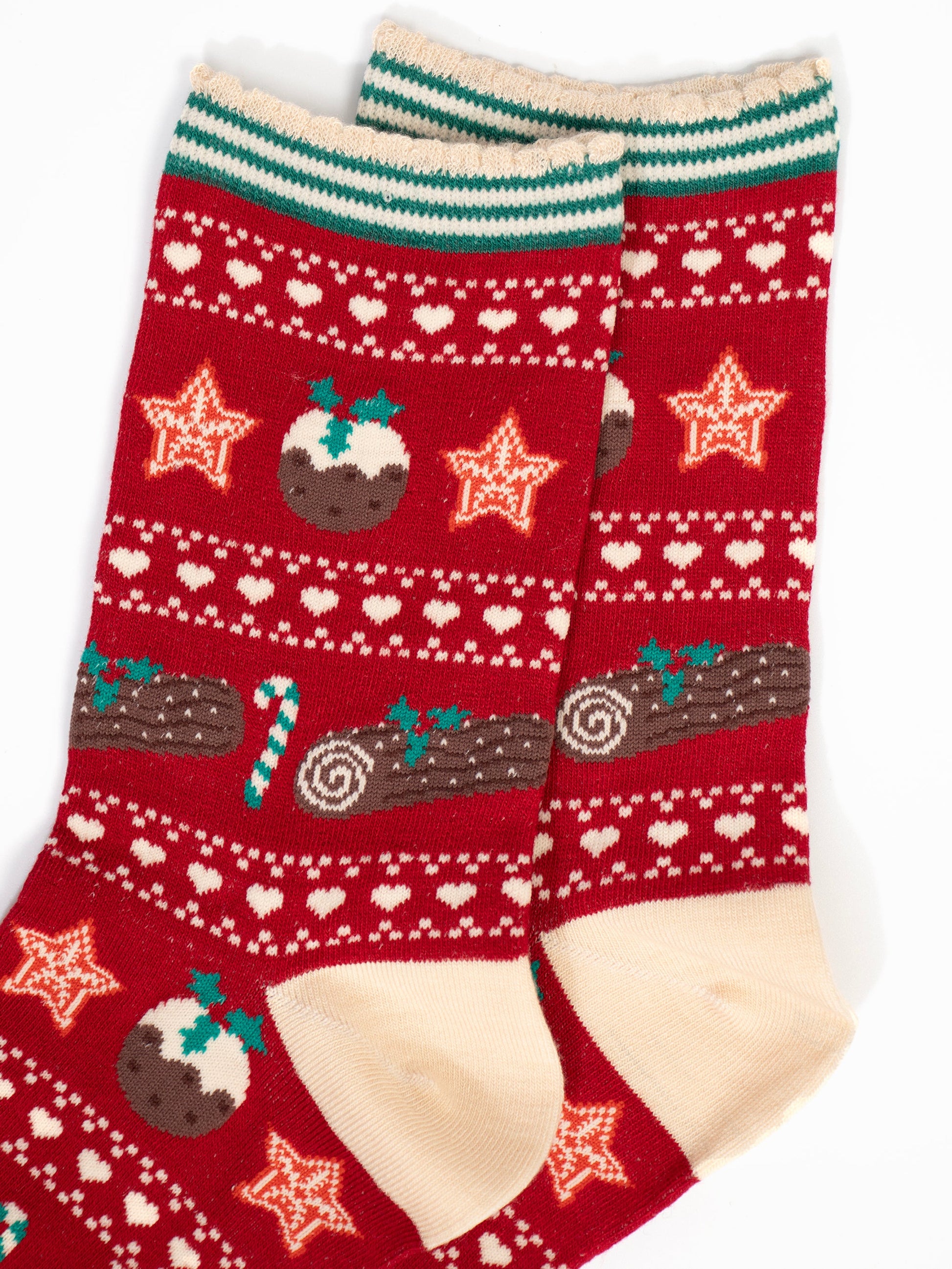 close up of the fair isle pattern, there are christmas puddings, christmas stars, green and white candy canes and chocolate yule logs with holly. 