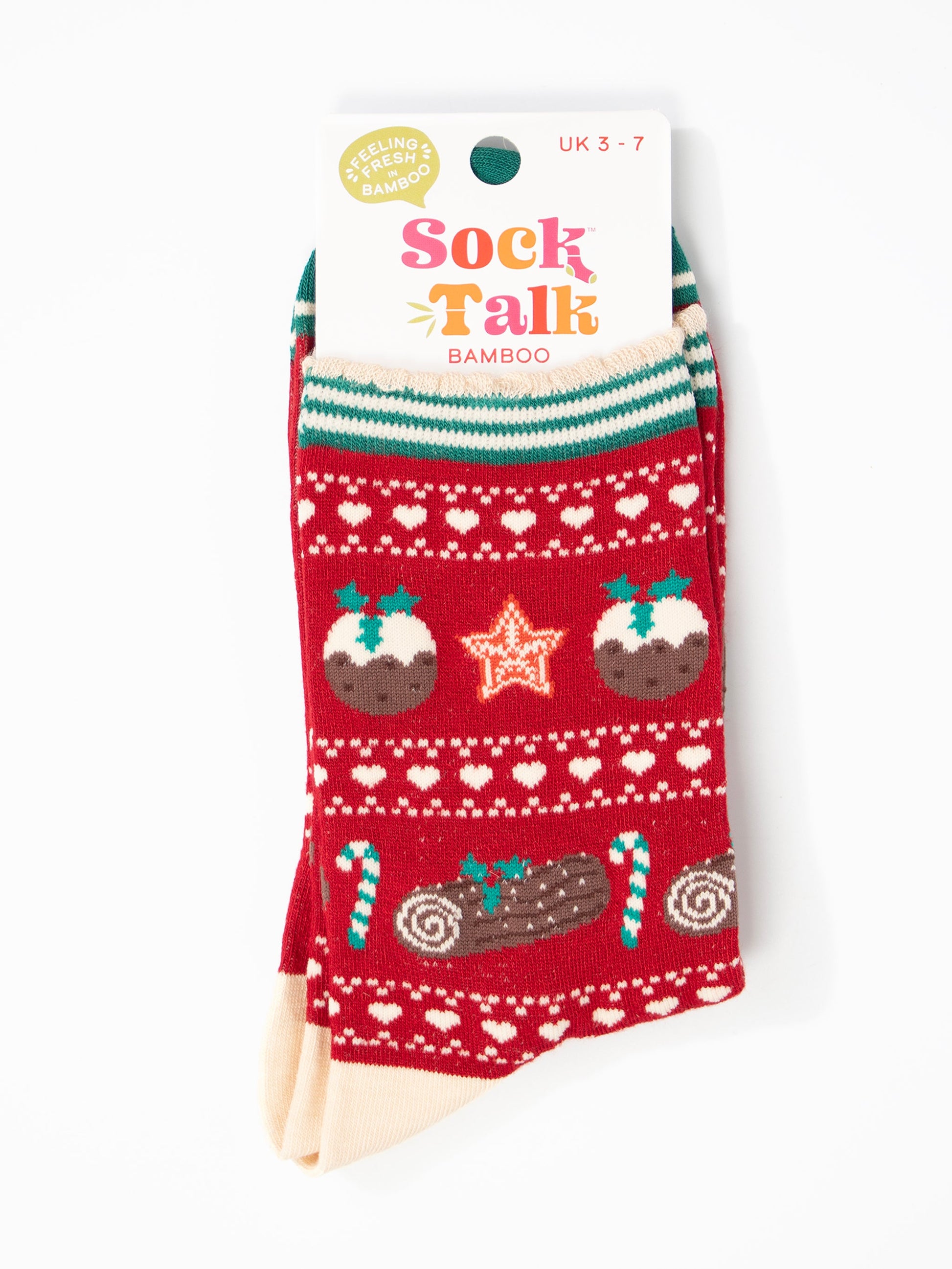 christmas pudding fair isle bamboo socks in their sock talk packaging, these socks are a uk size 3-7