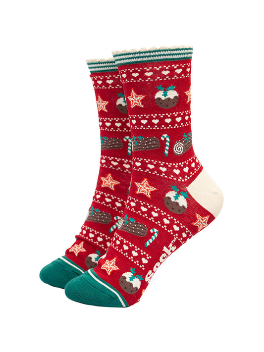red and green fair isle style bamboo socks with a festive food themed pattern. there are xmas puddings, yule logs and candy canes all featured on the socks.