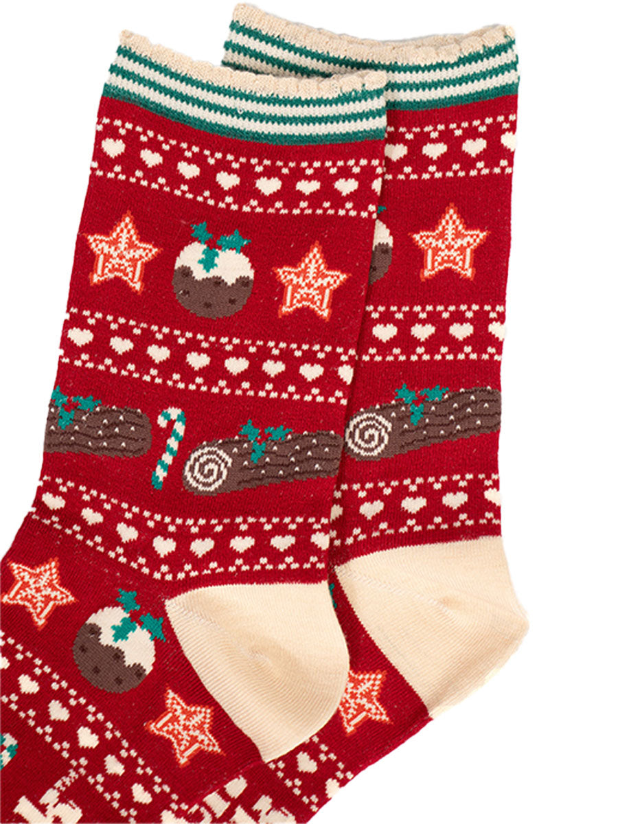 close up of the fair isle pattern, there are christmas puddings, christmas stars, green and white candy canes and chocolate yule logs with holly. 