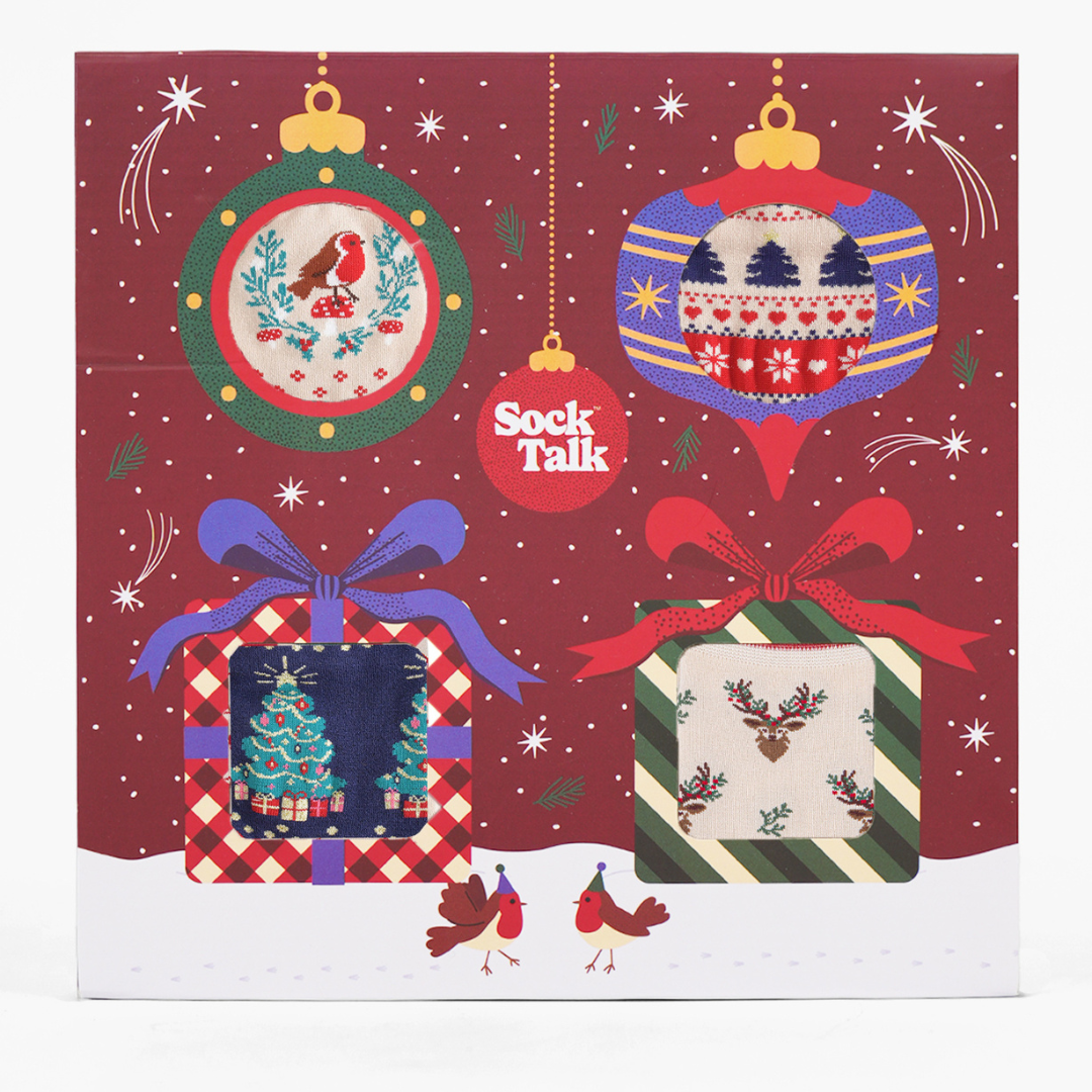 Women's Bamboo Socks Festive Gift Set - Cream/Red, Classic Christmas