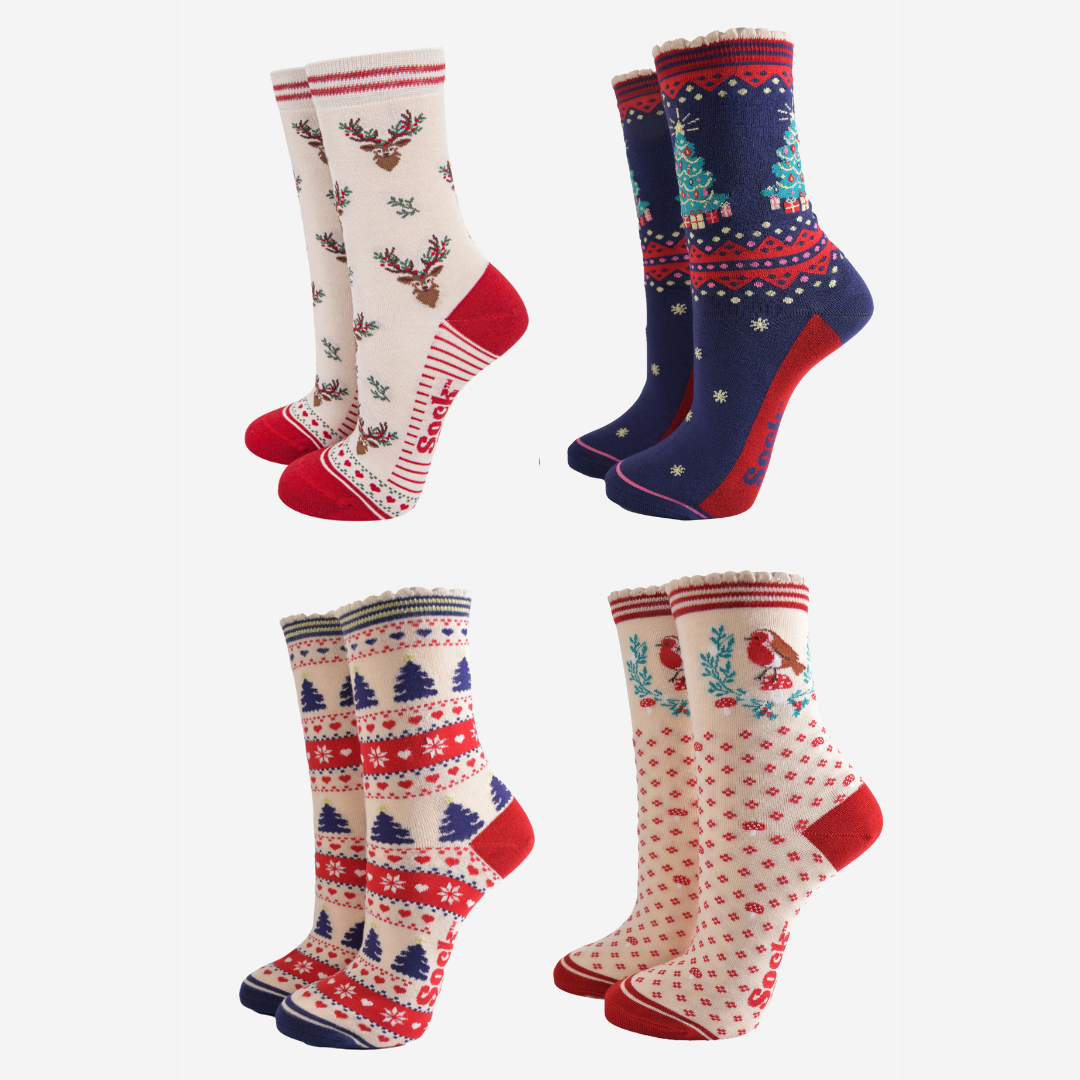 Women's Bamboo Socks Festive Gift Set - Cream/Red, Classic Christmas