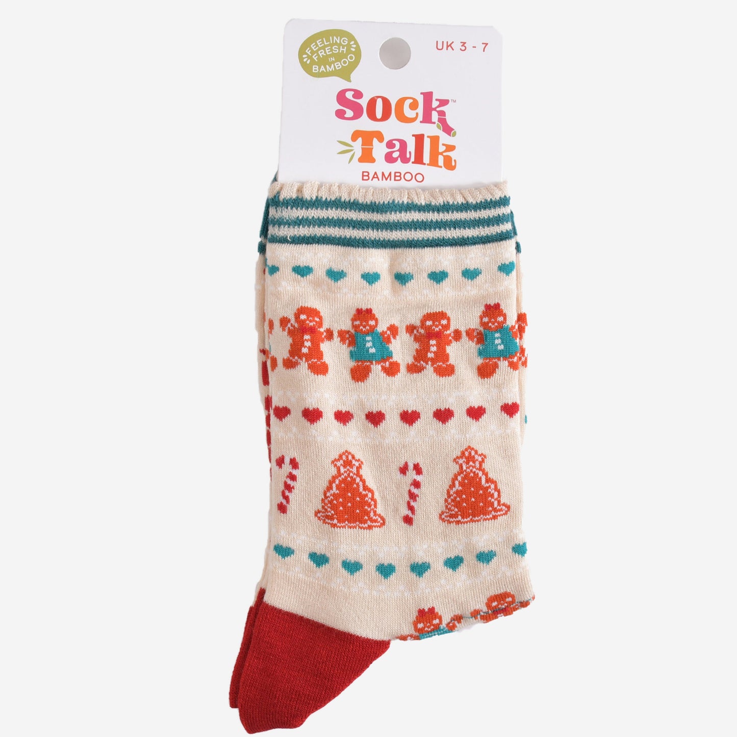 fair isle gingerbread cookie bamboo socks in their sock talk packaging, these socks are a uk size 3-7