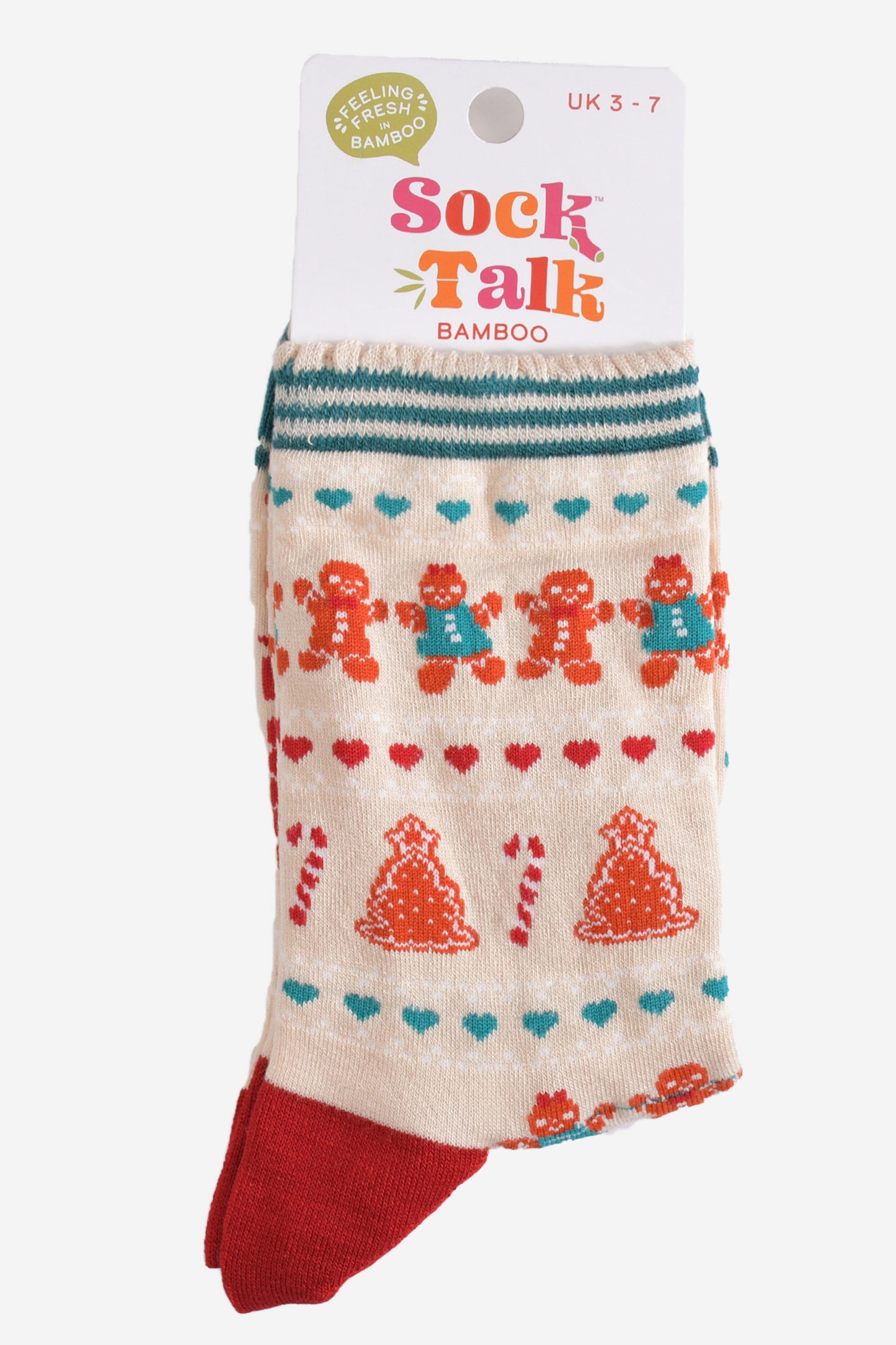 fair isle gingerbread cookie bamboo socks in their sock talk packaging, these socks are a uk size 3-7