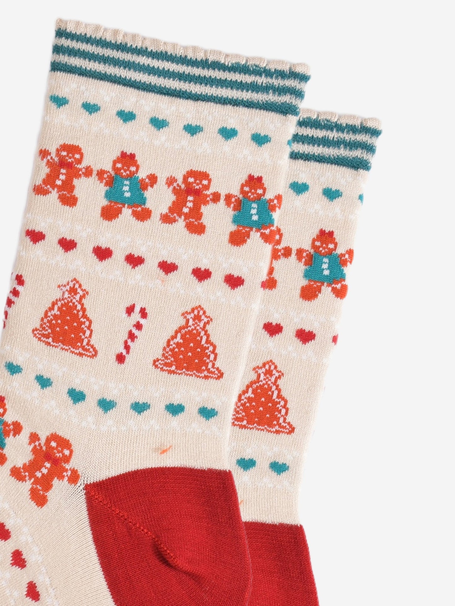 close up of the fair isle pattern, there are rows of gingerbread cookies men and women side by side, rows of red and green love hearts and rows of gingerbread xmas trees and candy canes.