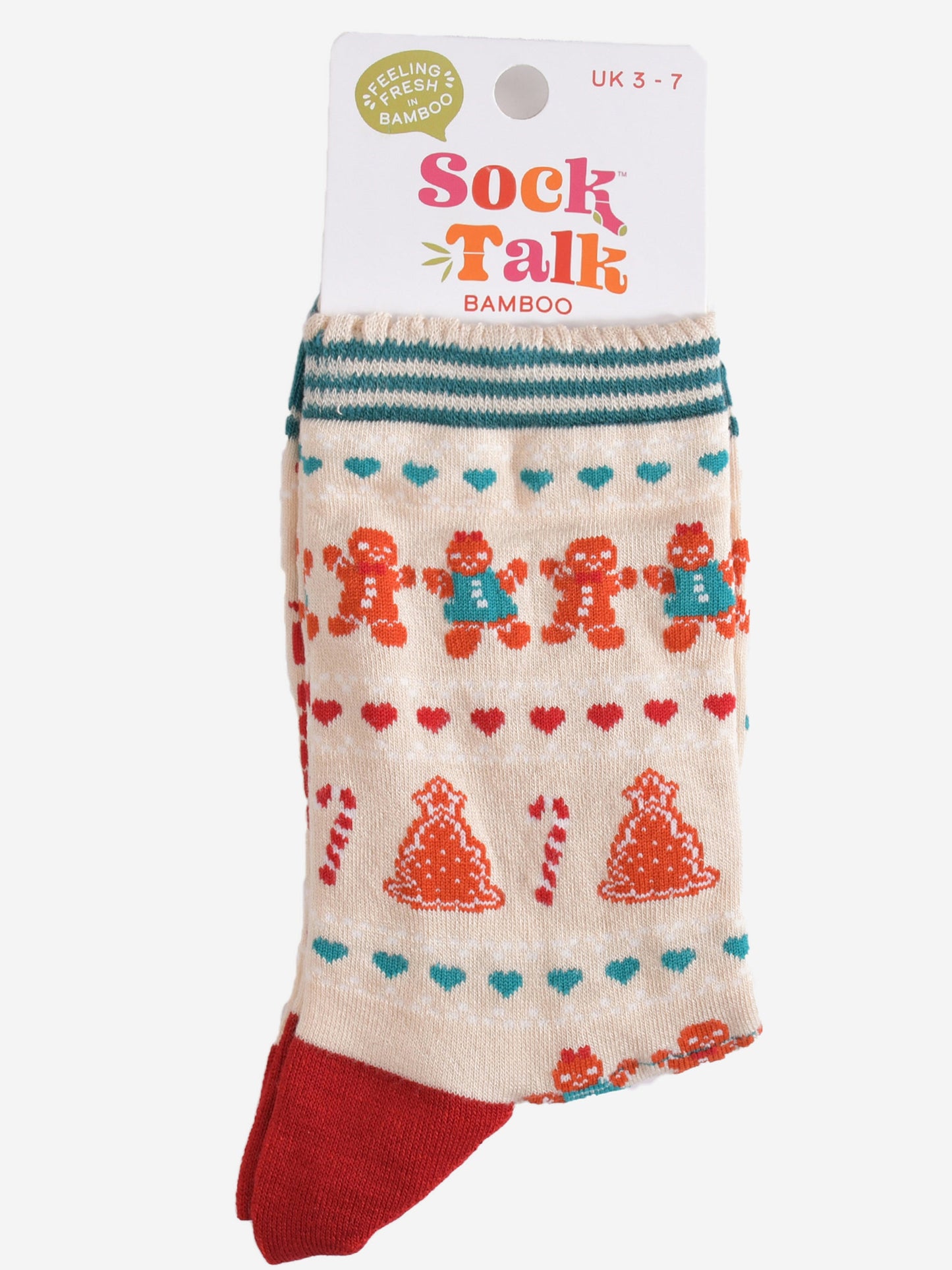 fair isle gingerbread cookie bamboo socks in their sock talk packaging, these socks are a uk size 3-7