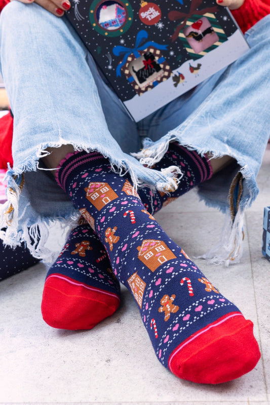 Women's Bamboo Socks - Navy Blue/Red, Gingerbread Fair Isle