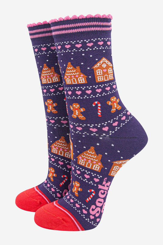 womens-bamboo-socks-navy-blue-red-gingerbread-fair-isle-christmas-candy-canes