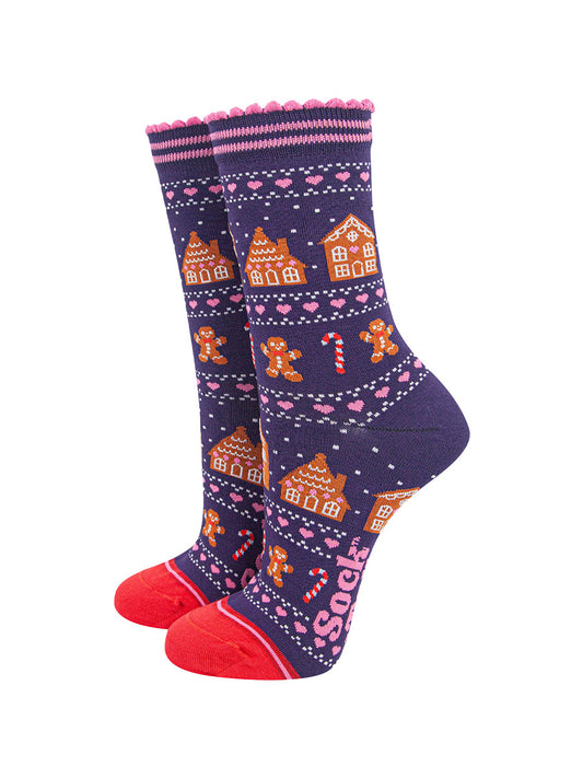 womens-bamboo-socks-navy-blue-red-gingerbread-fair-isle-christmas-candy-canes