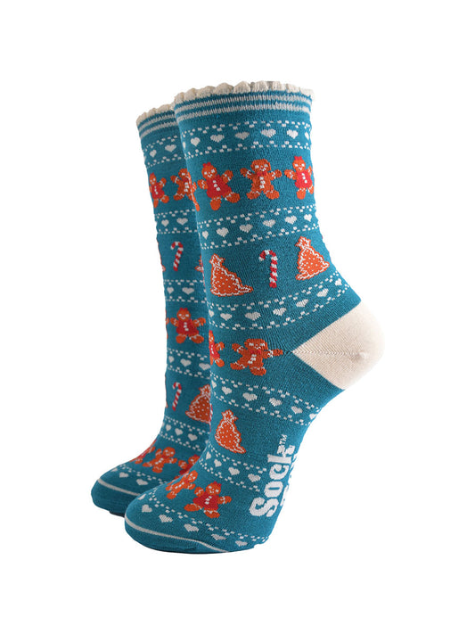 teal blue bamboo socks with a fair isle style pattern featuring candy canes, gingerbread cookies and love hearts