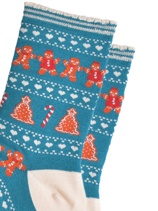 close up of the fair isle pattern, there are rows of gingerbread cookies men and women side by side, rows of white love hearts and rows of gingerbread xmas trees and candy canes.