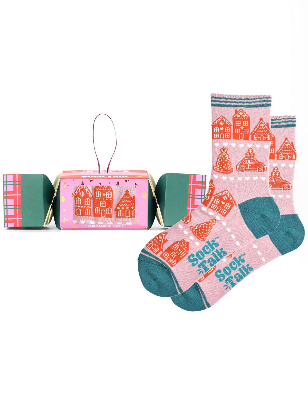 Gingerbread-Cookie-Bamboo-Crew-Socks-Christmas-Cracker-Gift-Box-in-Pink
