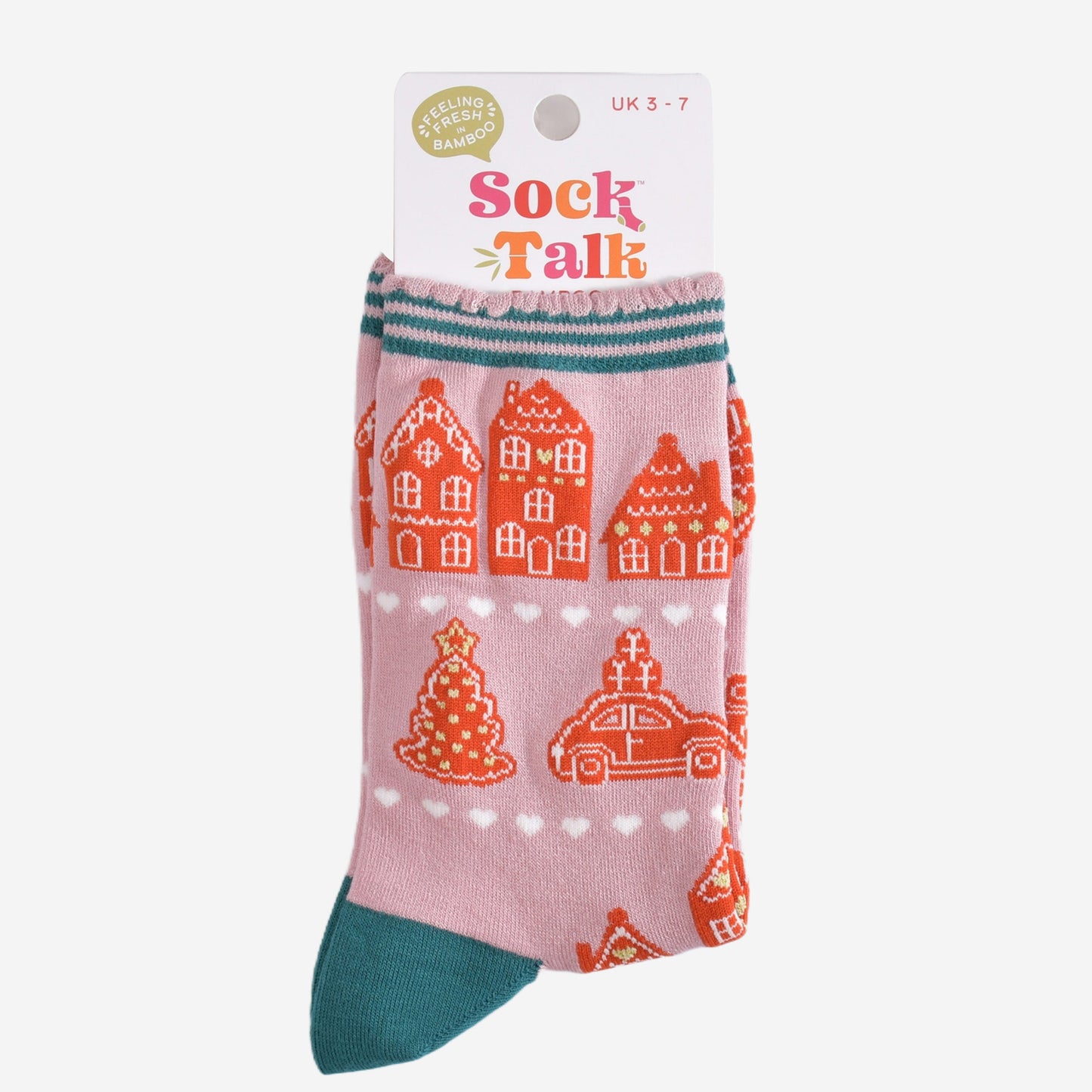 gingerbread house cookie bamboo socks in their sock talk packaging, these socks are a uk size 3-7