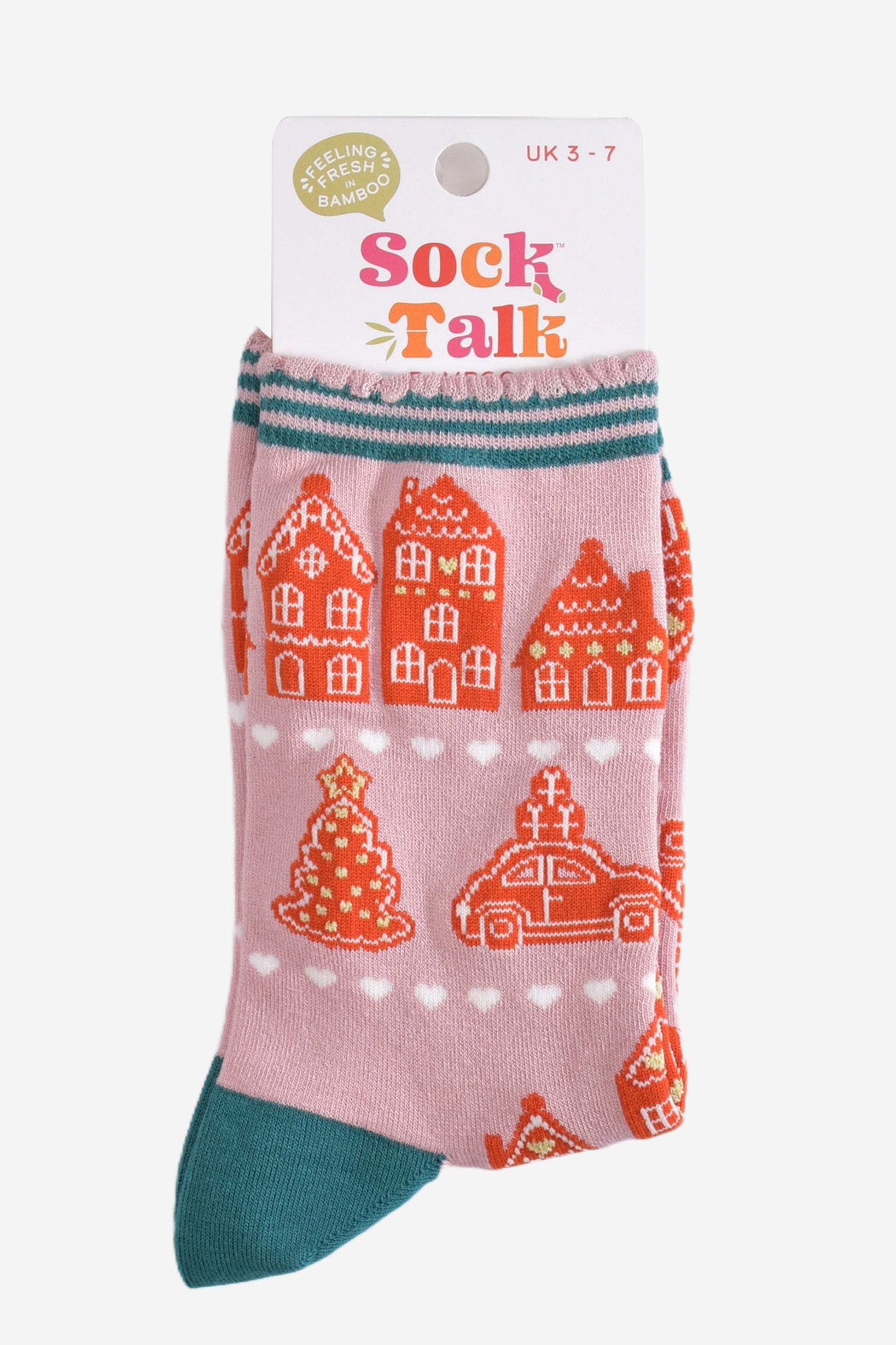 gingerbread house cookie bamboo socks in their sock talk packaging, these socks are a uk size 3-7