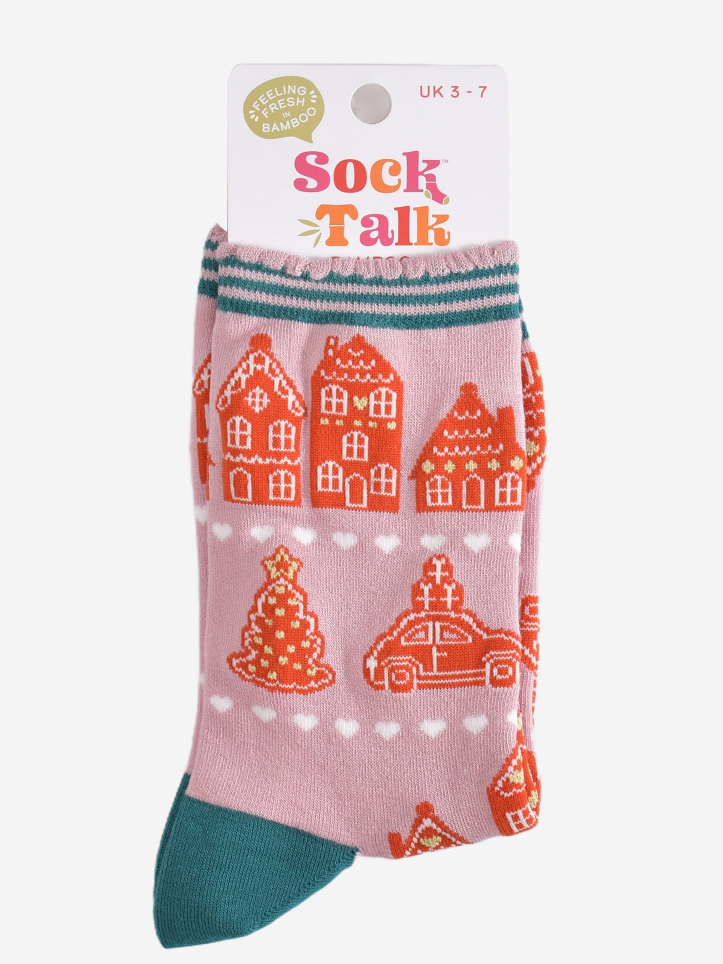 gingerbread house cookie bamboo socks in their sock talk packaging, these socks are a uk size 3-7